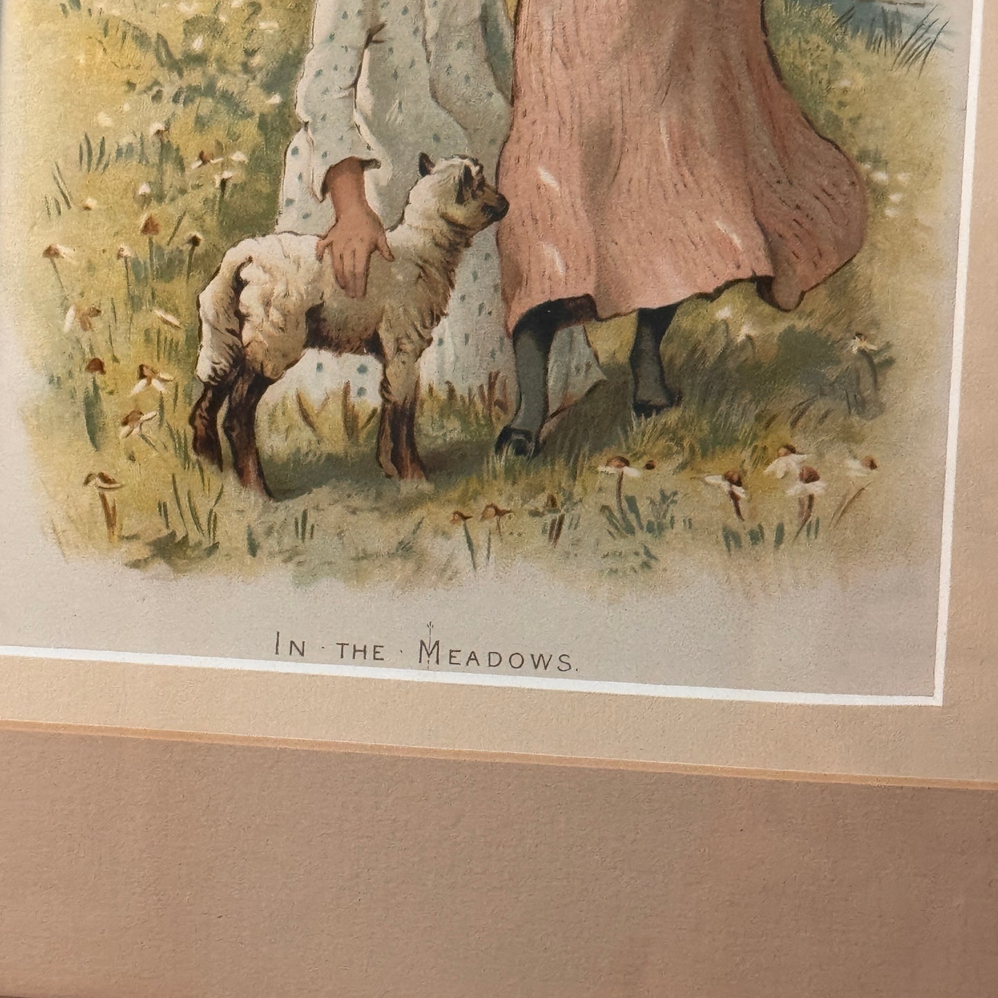 Antique 1889 Chromolithograph "In The Meadows" Framed Under Glass