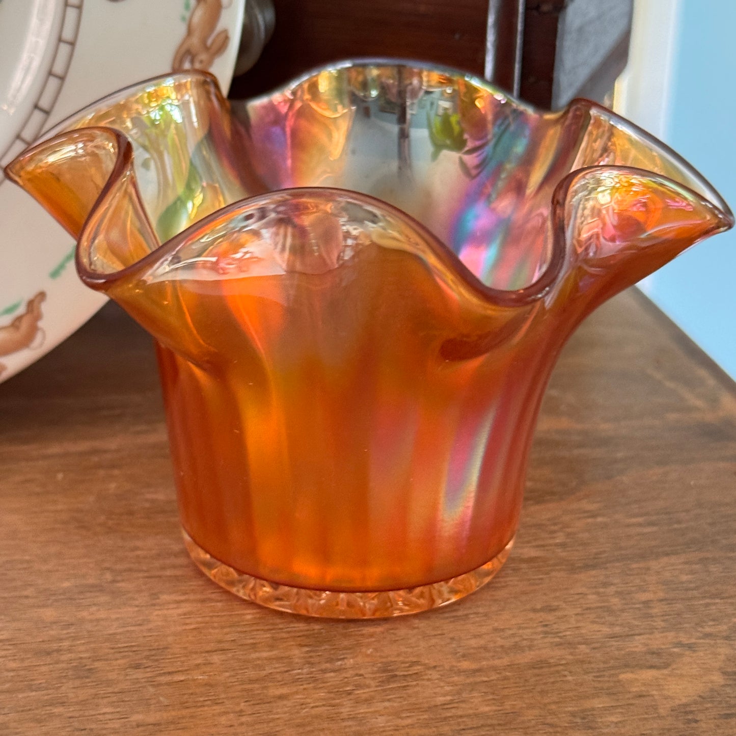 Marigold Carnival Glass Ruffled Edge Hat Vase