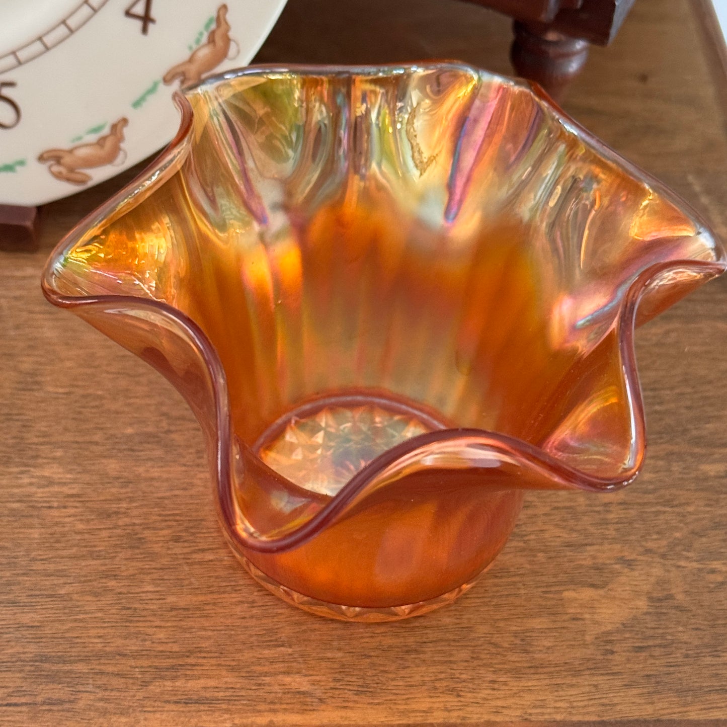 Marigold Carnival Glass Ruffled Edge Hat Vase