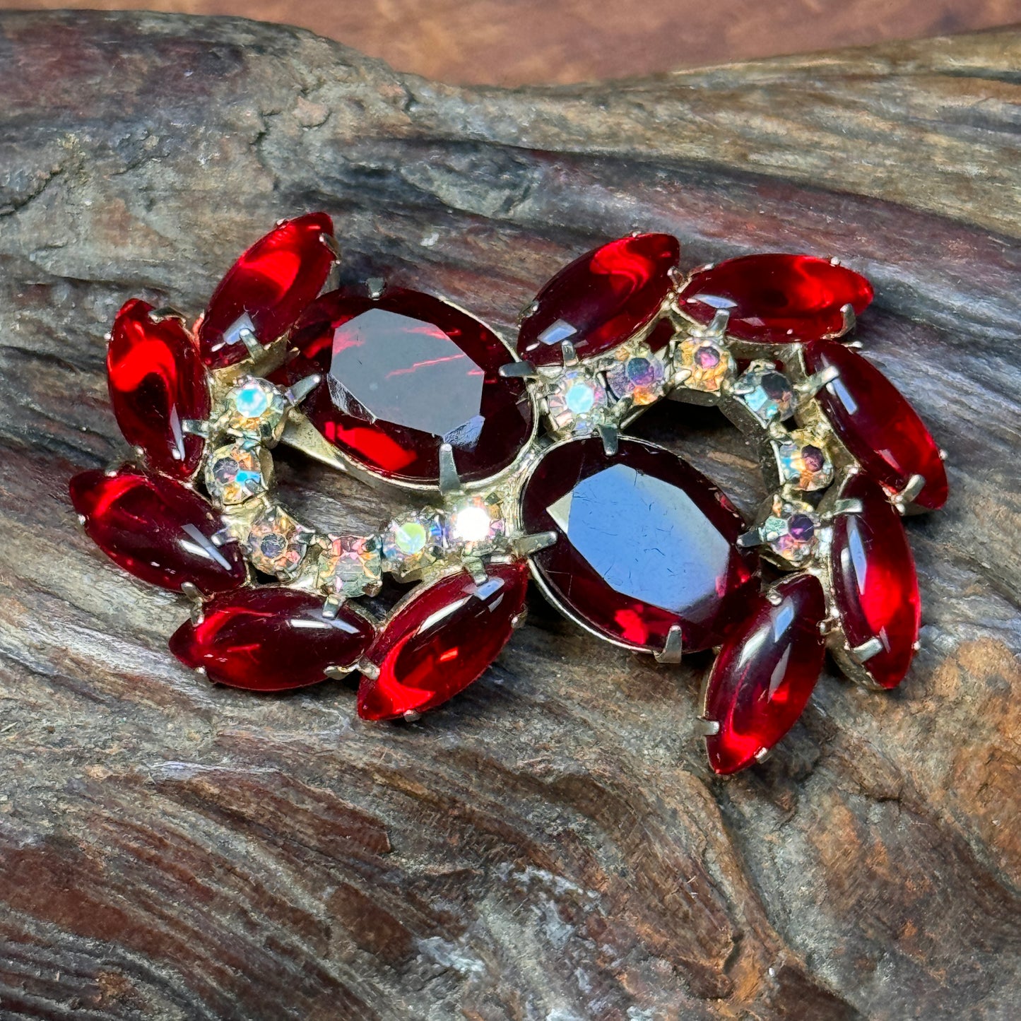 Vintage Red Rhinestone Multi Facted Swirl Pin