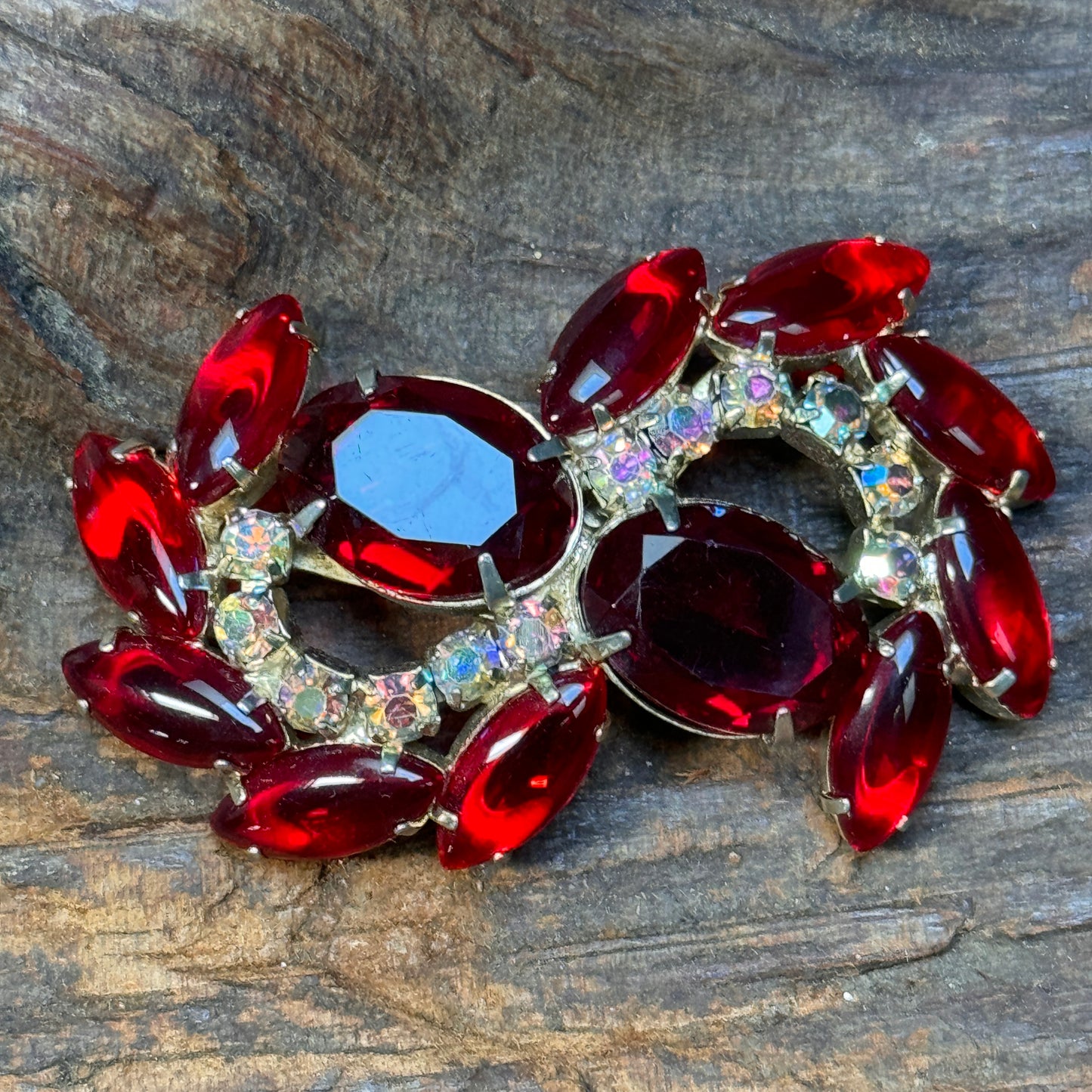 Vintage Red Rhinestone Multi Facted Swirl Pin