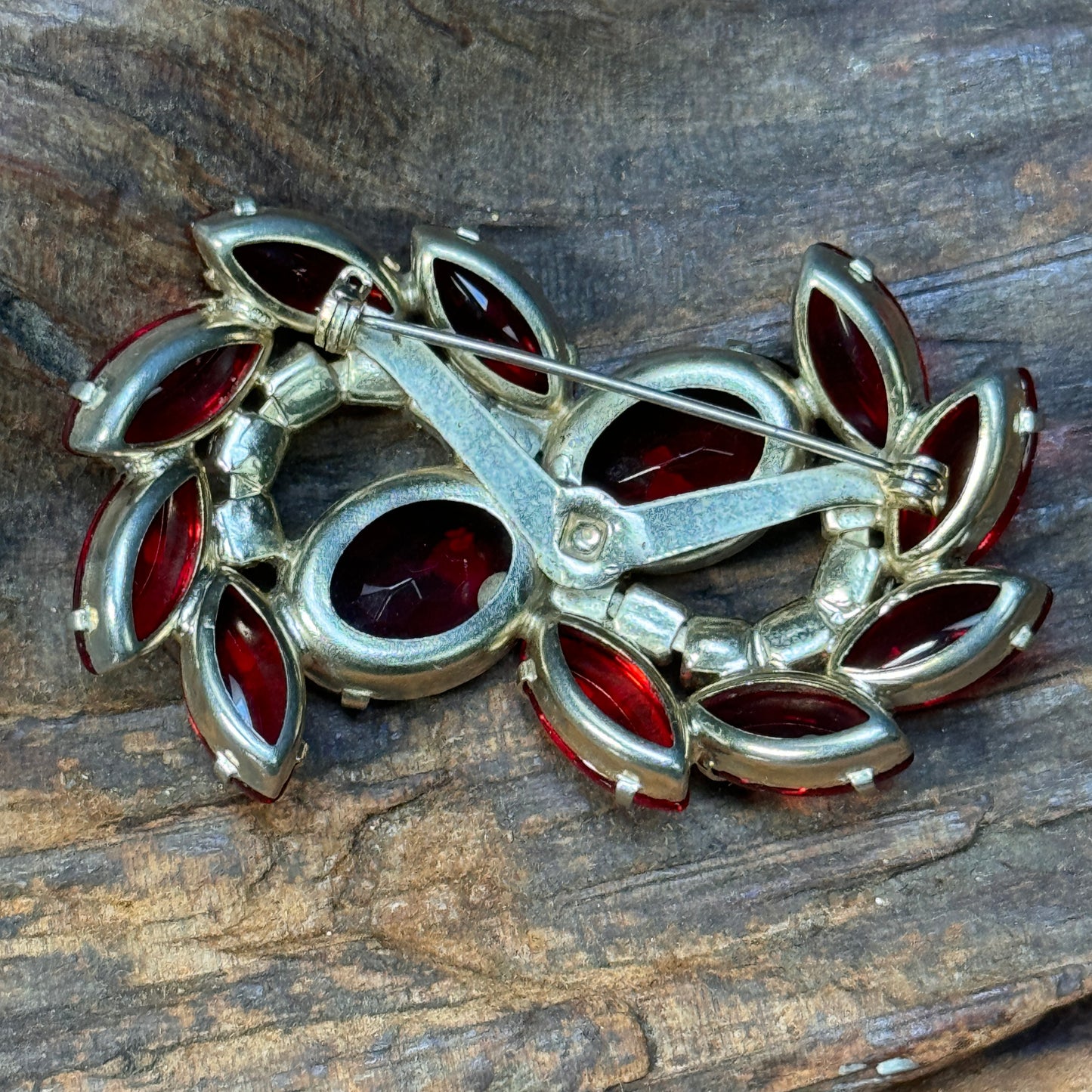 Vintage Red Rhinestone Multi Facted Swirl Pin