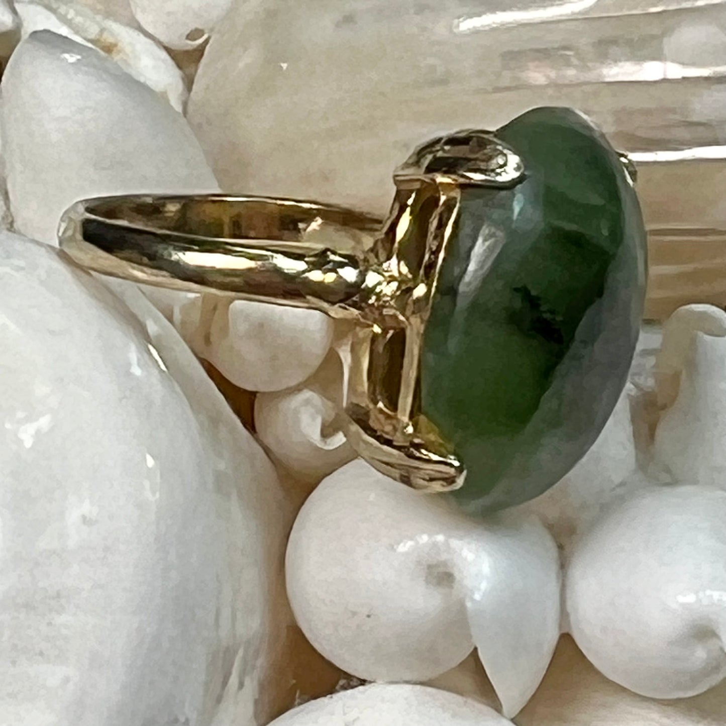 Vintage Semi Precious Jade Cabochon Cocktail Ring Size 6 Adjustable
