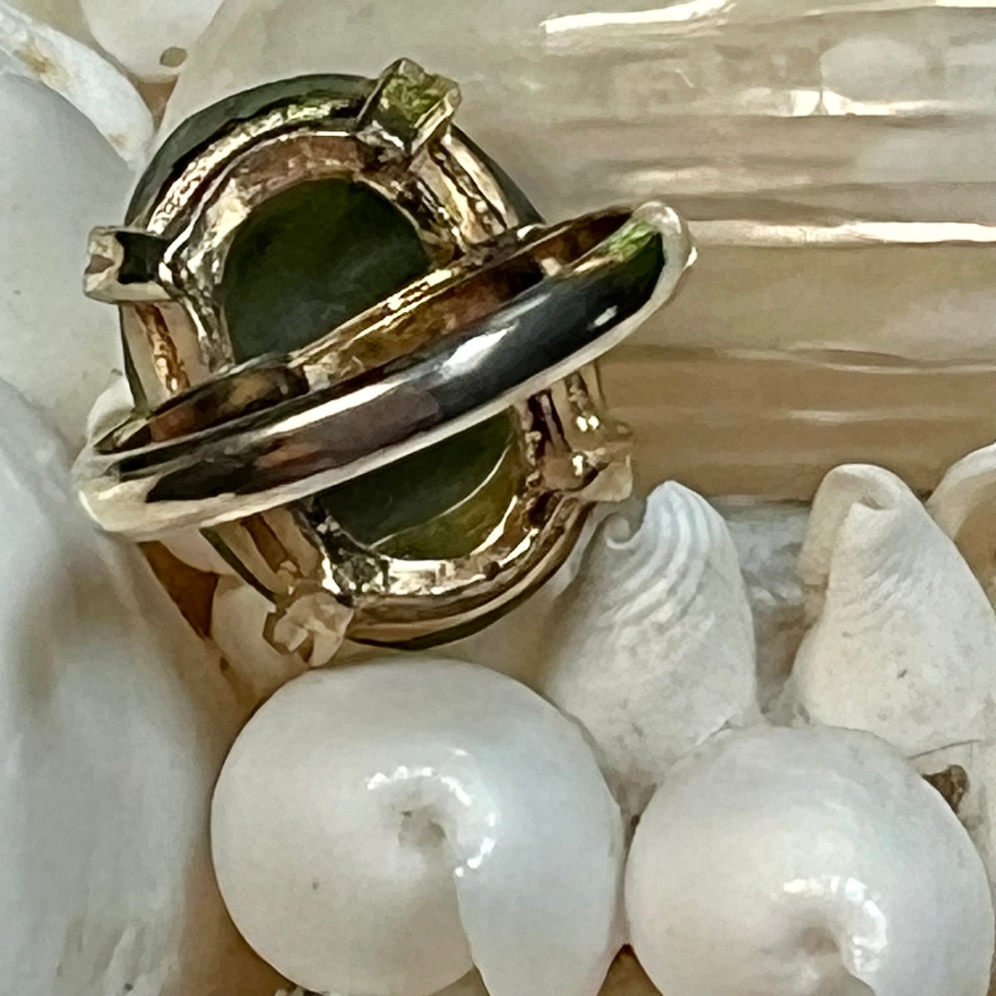 Vintage Semi Precious Jade Cabochon Cocktail Ring Size 6 Adjustable