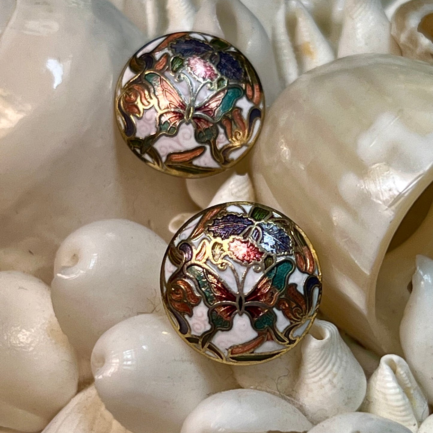 Vintage Cloisonne Enamel Butterfly Pierced Earrings