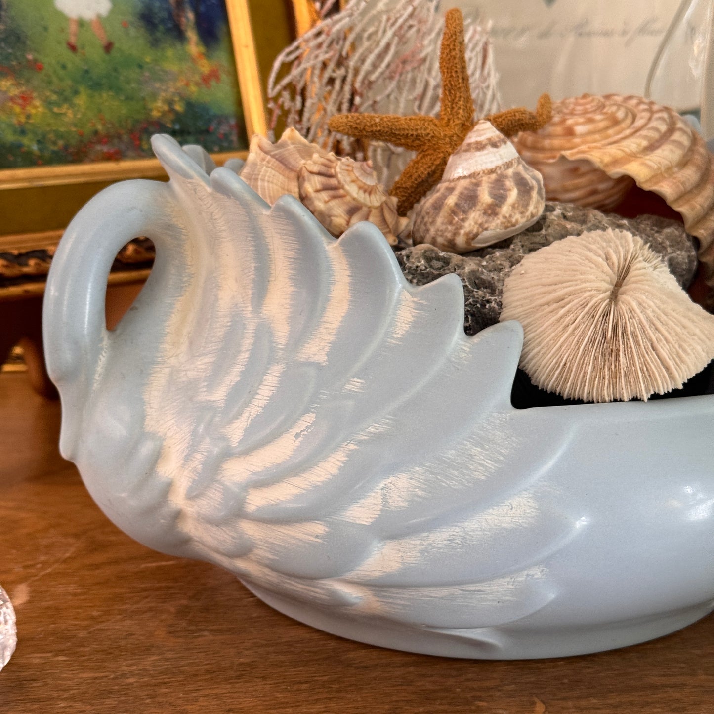 MCM Haeger Pottery Soft Blue Double Handle Swan Bowl