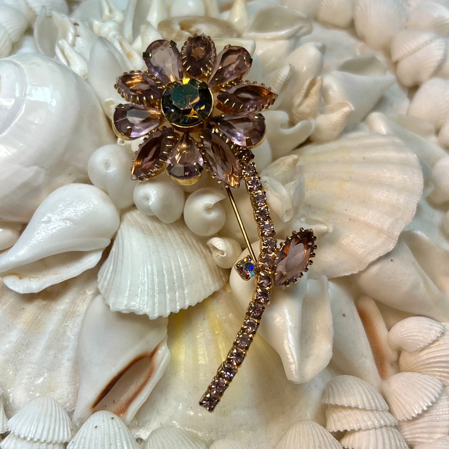 Vintage Soft Purple Rhinestone Flower Pin