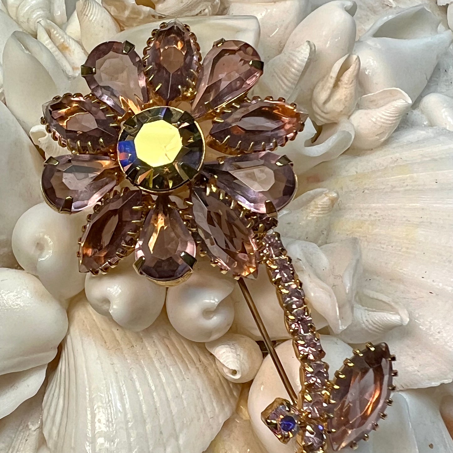 Vintage Soft Purple Rhinestone Flower Pin