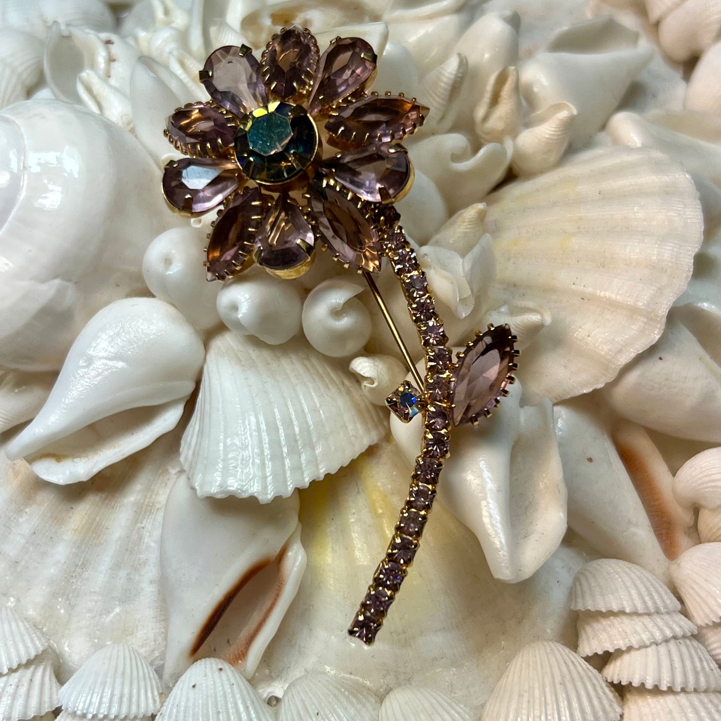 Vintage Soft Purple Rhinestone Flower Pin