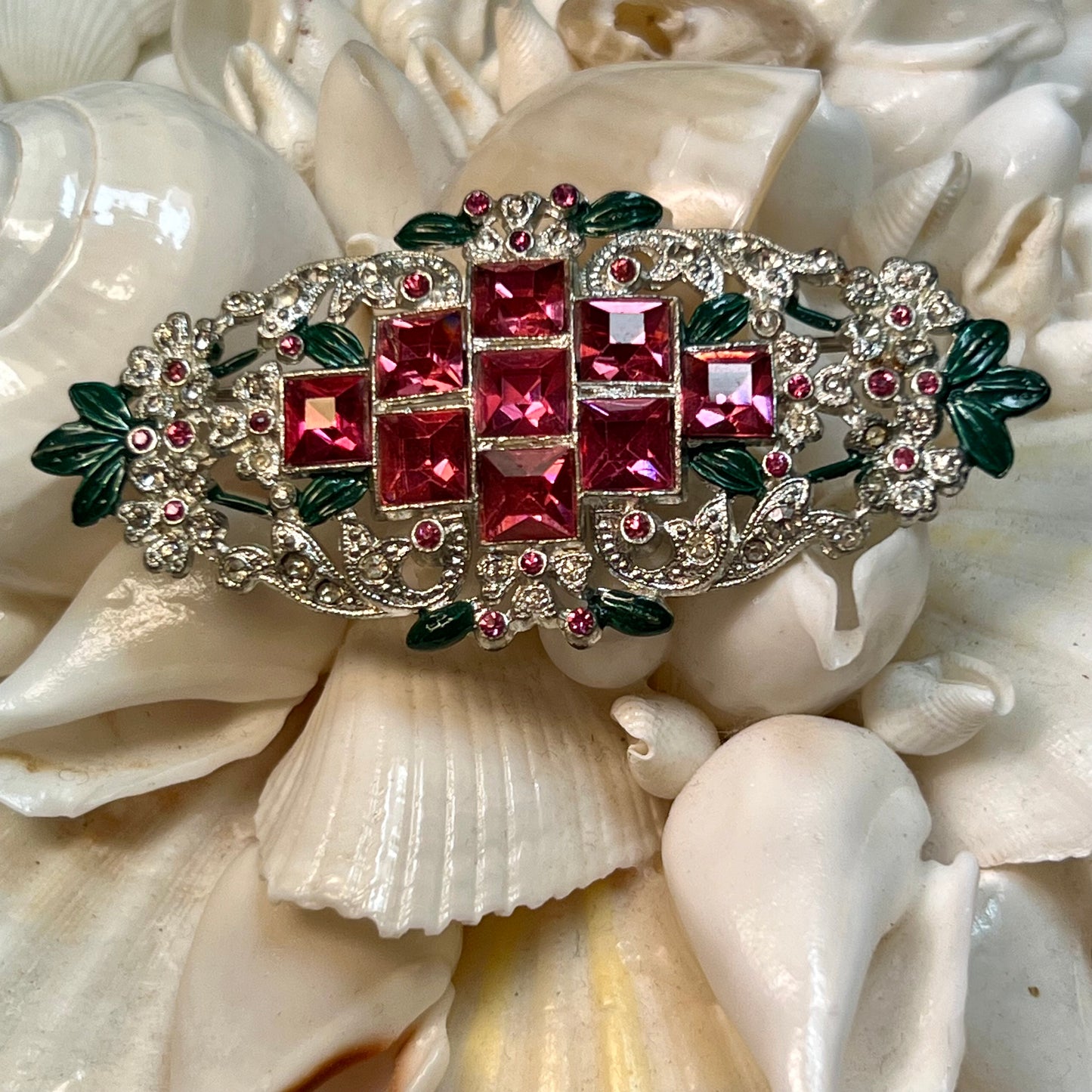 Art Deco Pink Rhinestone Pot Metal Pin