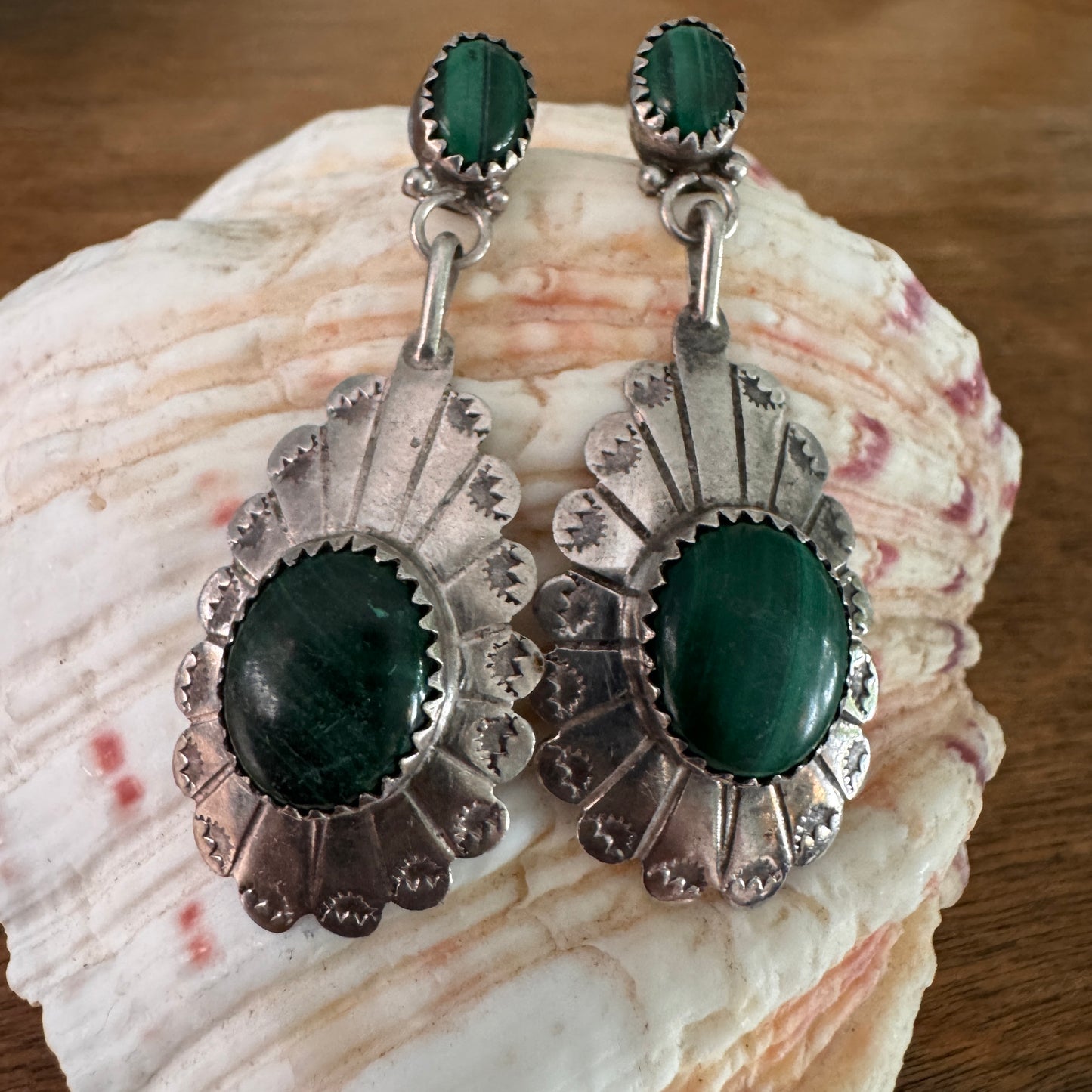 Vintage Navajo Native American Malachite Sterling Silver Earrings