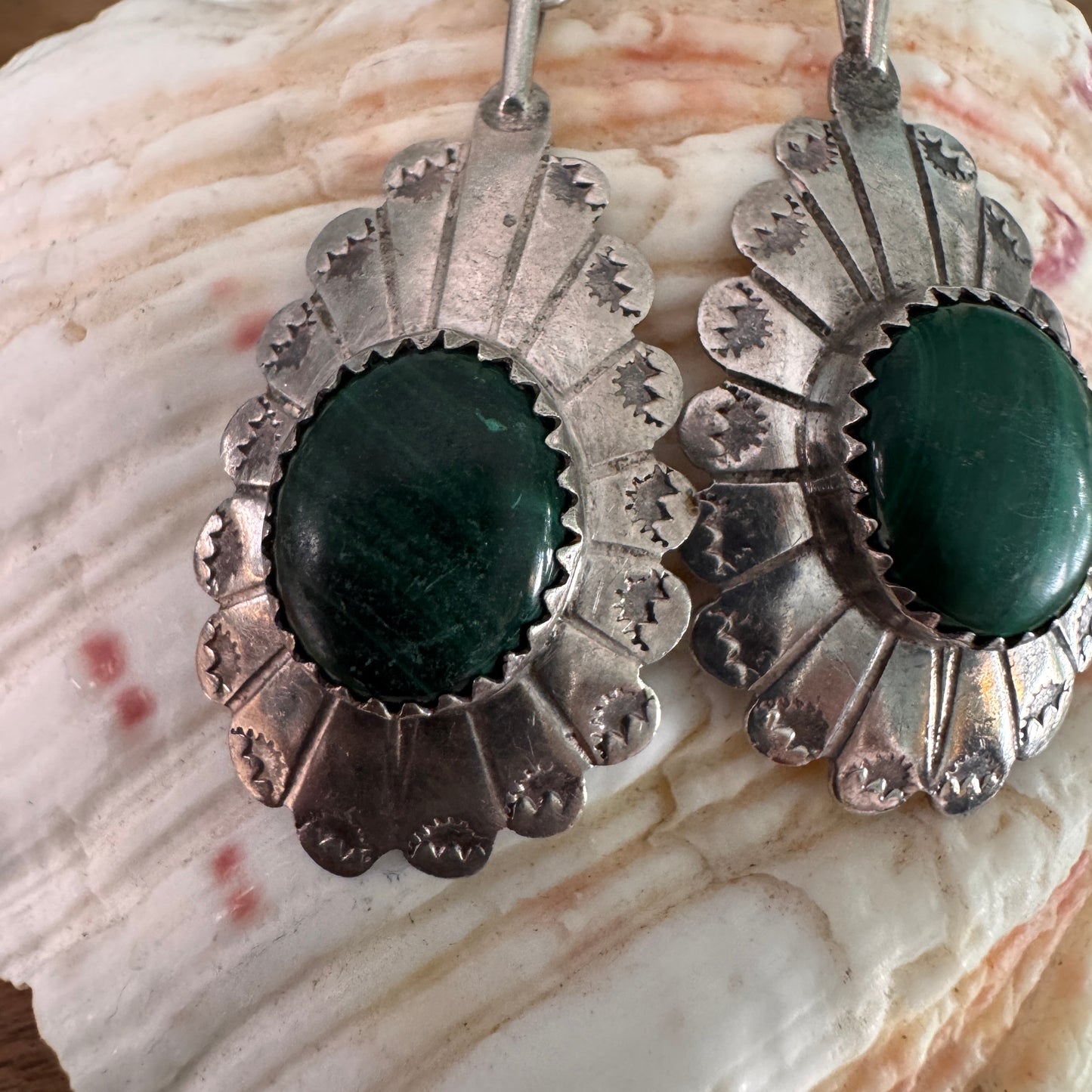 Vintage Navajo Native American Malachite Sterling Silver Earrings