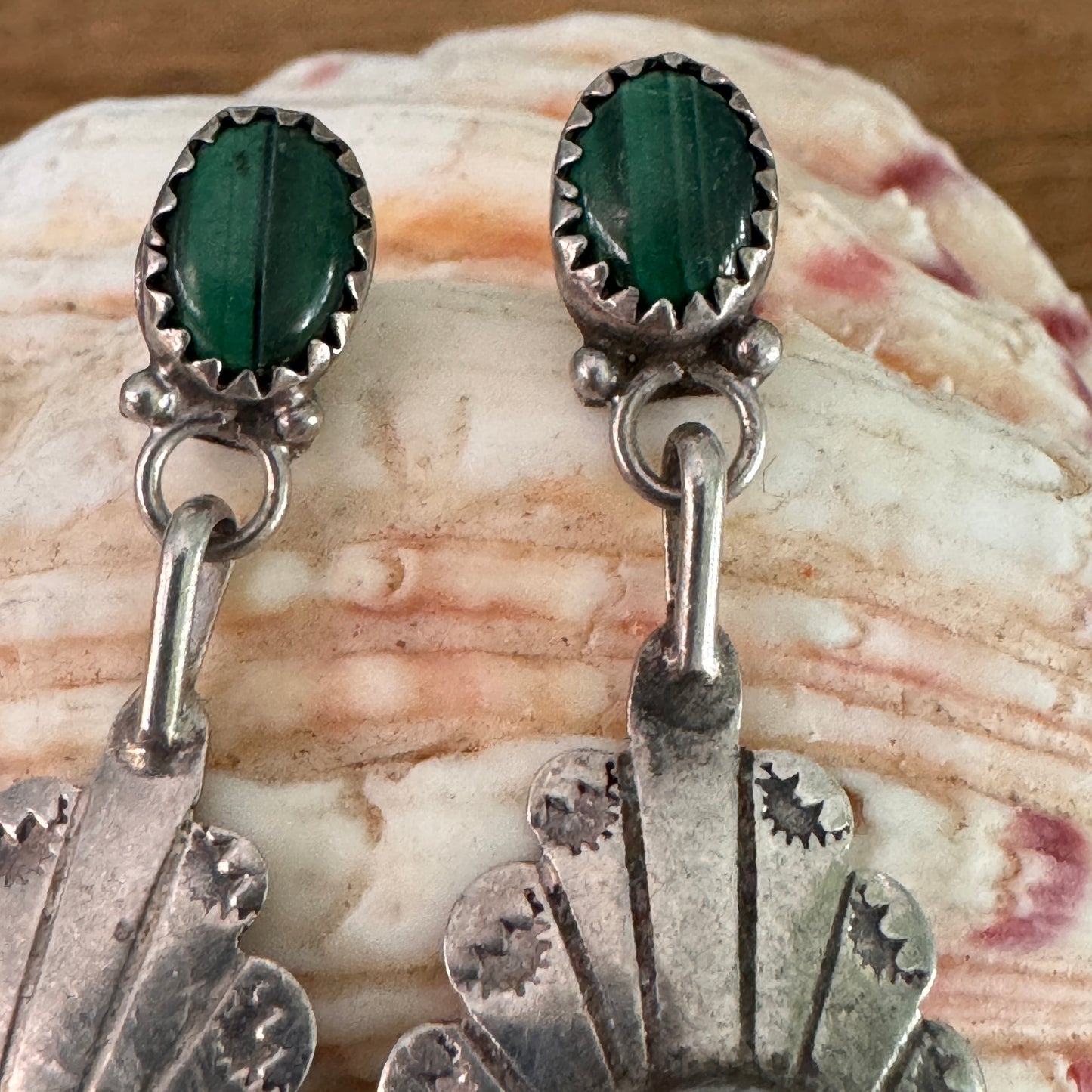 Vintage Navajo Native American Malachite Sterling Silver Earrings