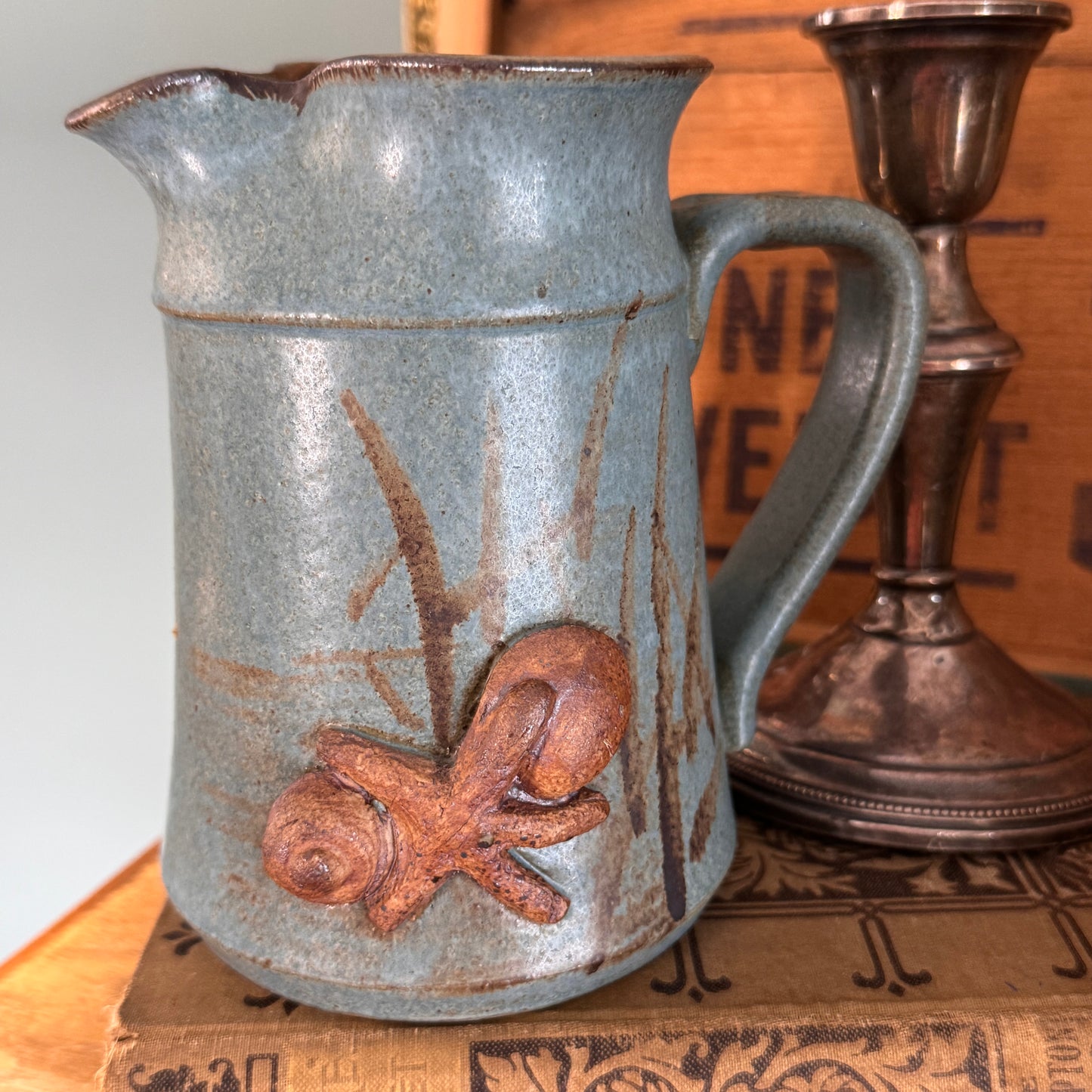 Salt Glazed Pottery Handled Milk Pitcher Starfish, Shells & Beach Grass