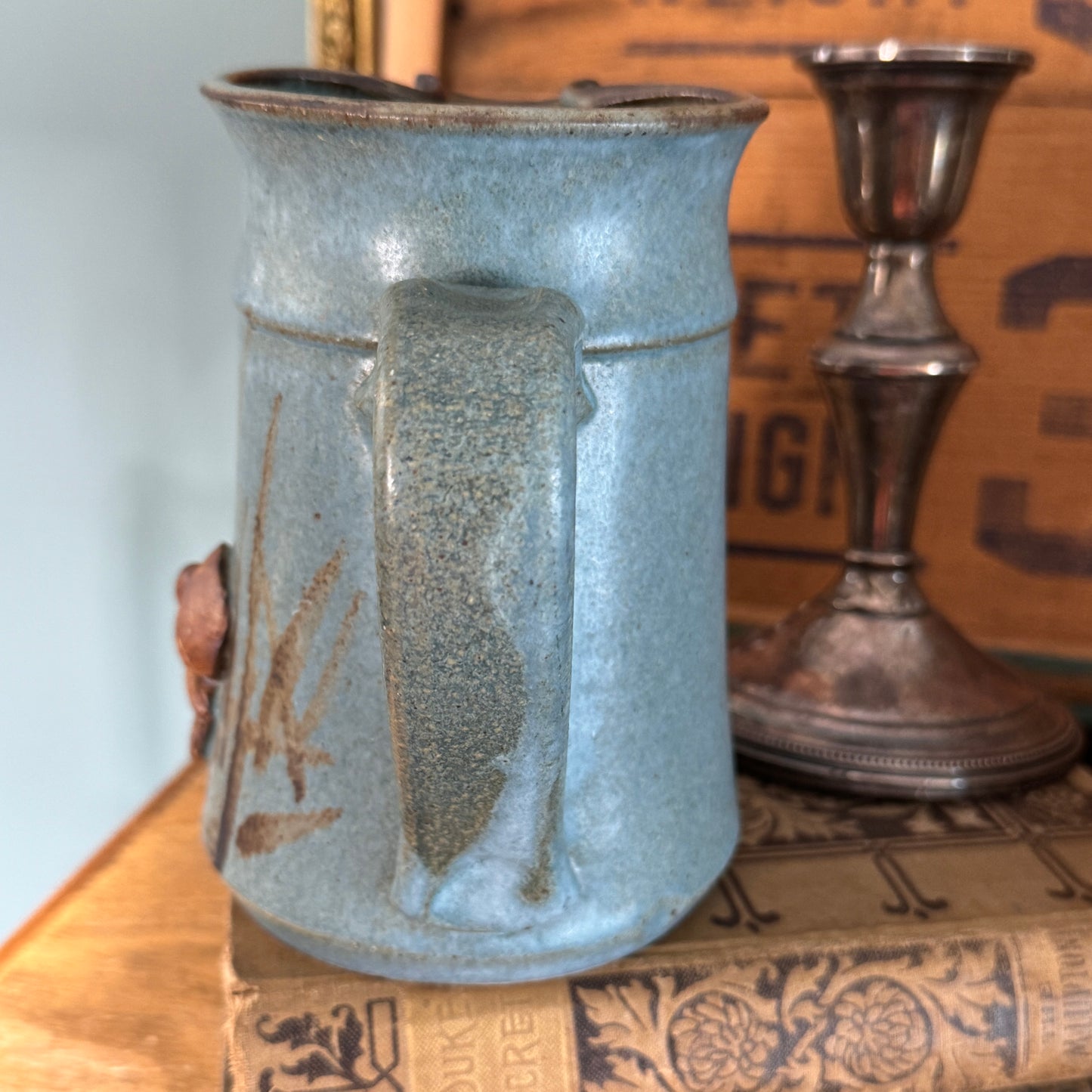 Salt Glazed Pottery Handled Milk Pitcher Starfish, Shells & Beach Grass
