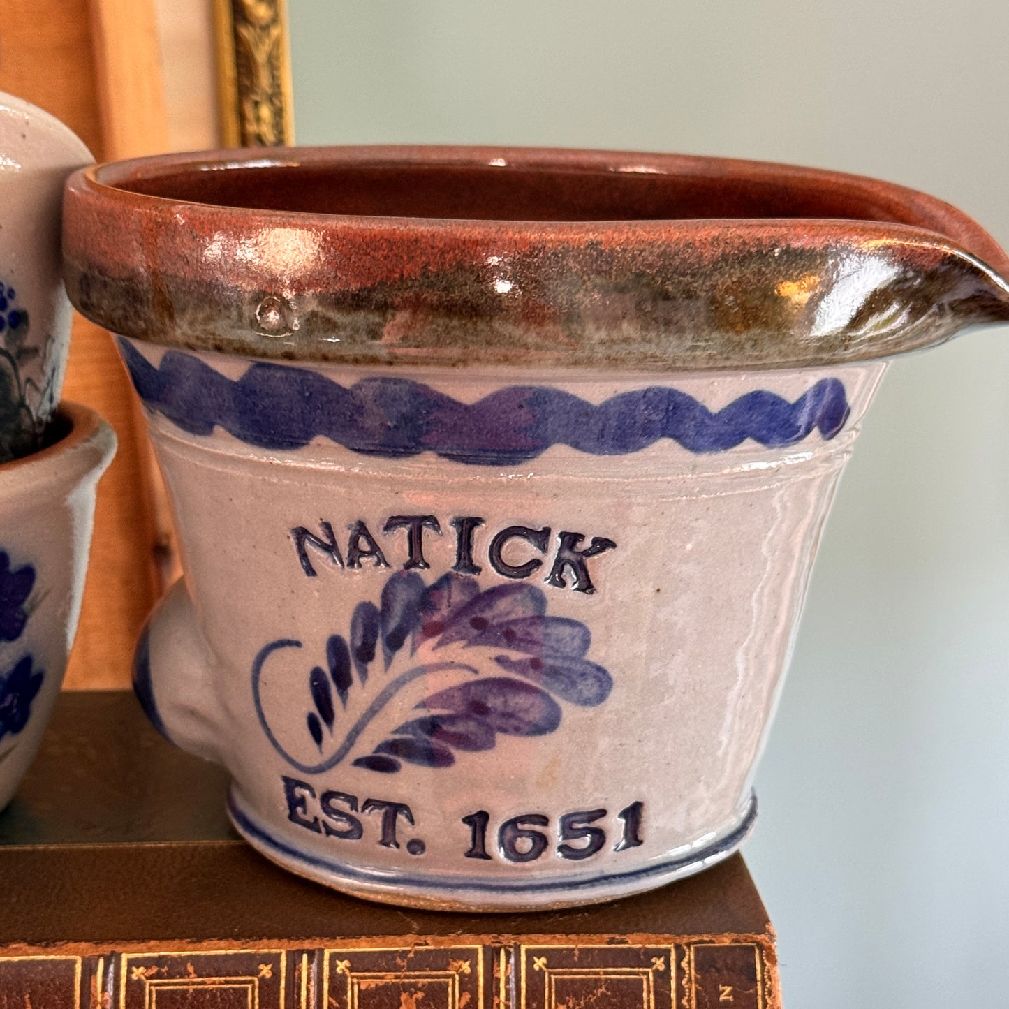 Natick, MA Est 1651 Studio Salt Glazed Stoneware Pottery Batter Bowl