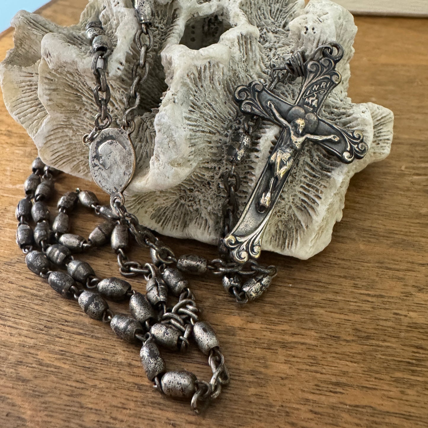 Antique Much Loved Silver Bead Rosary