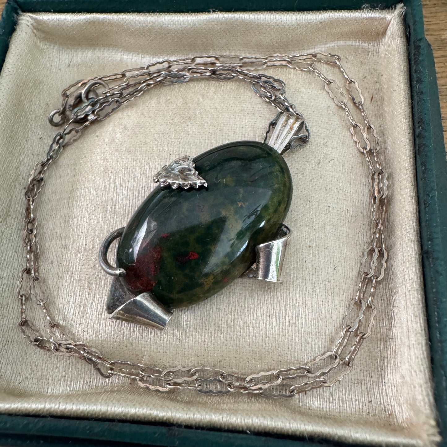 Vintage Sterling Silver Bloodstone Pendant Paperclip Chain Necklace