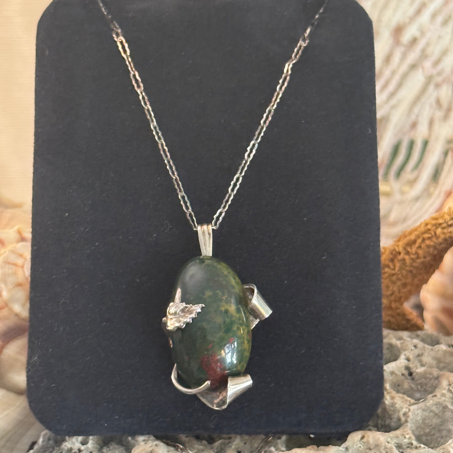 Vintage Sterling Silver Bloodstone Pendant Paperclip Chain Necklace