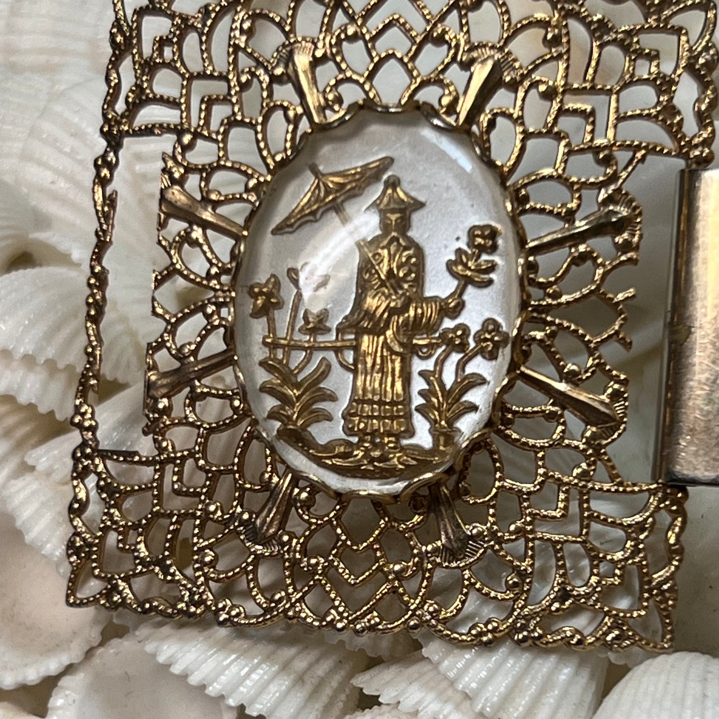 Vintage Chinoiserie Filigree Asian Reverse Carved Glass Bracelet