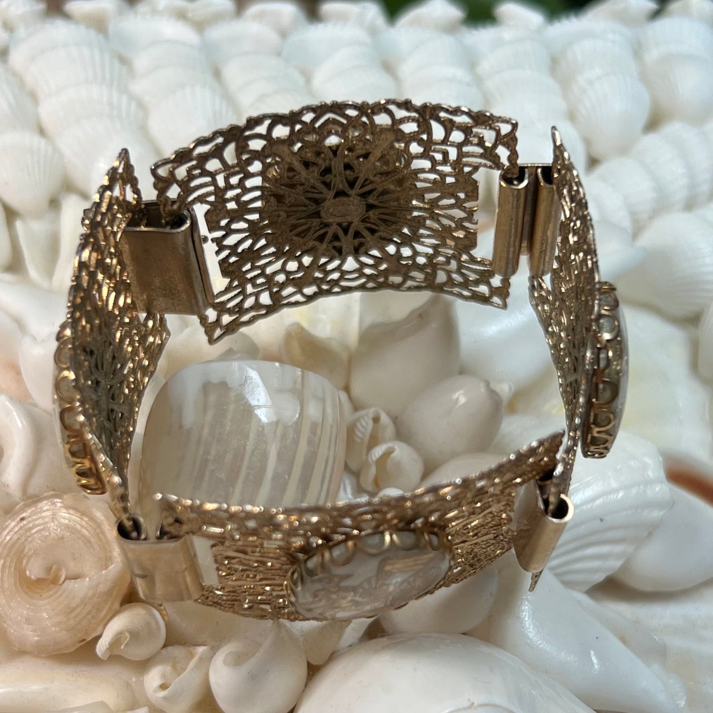 Vintage Chinoiserie Filigree Asian Reverse Carved Glass Bracelet
