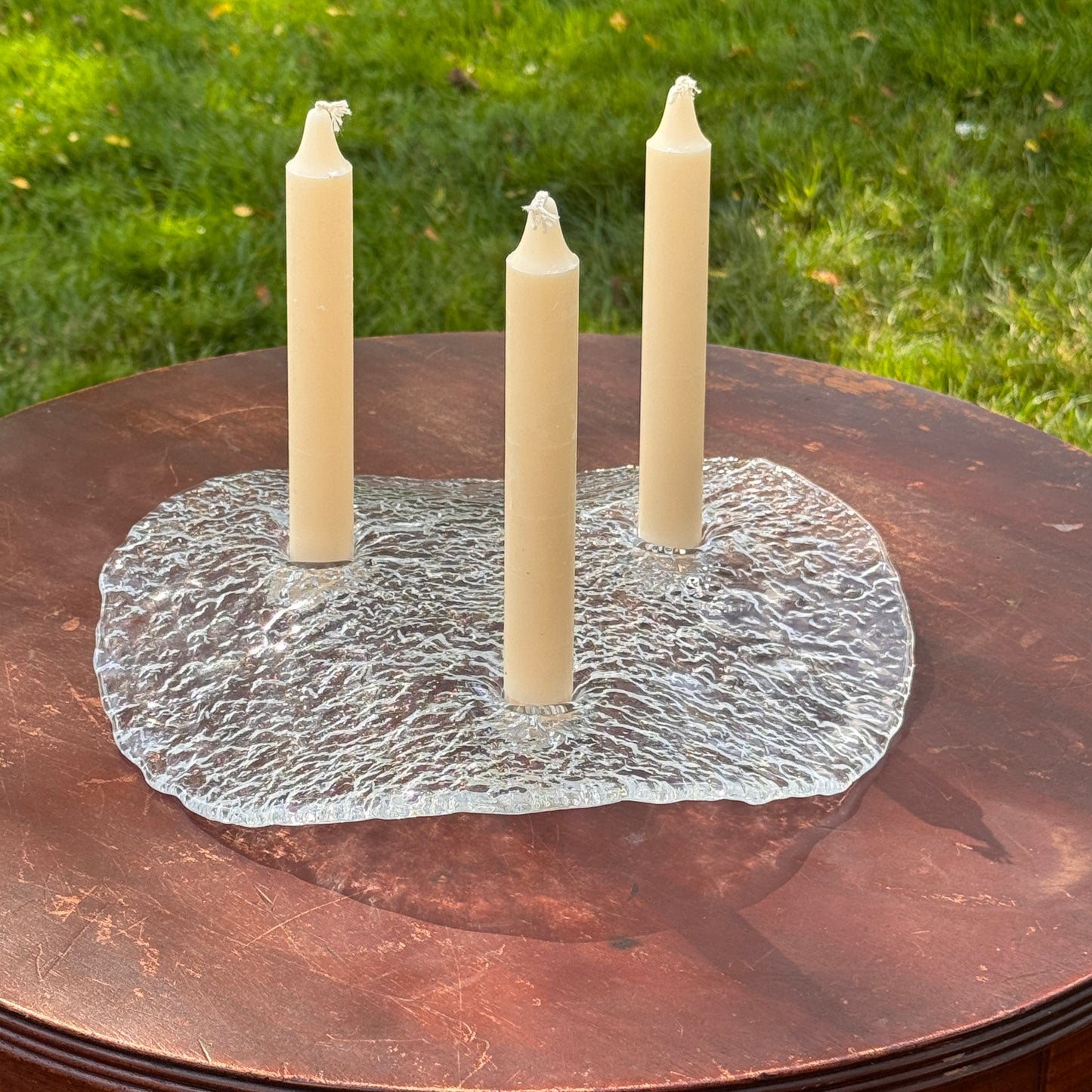 1970's MCM Scandinavian Ice Glass Triple Candle Holder Designed By Uno Westerberg Pukeberg Glass