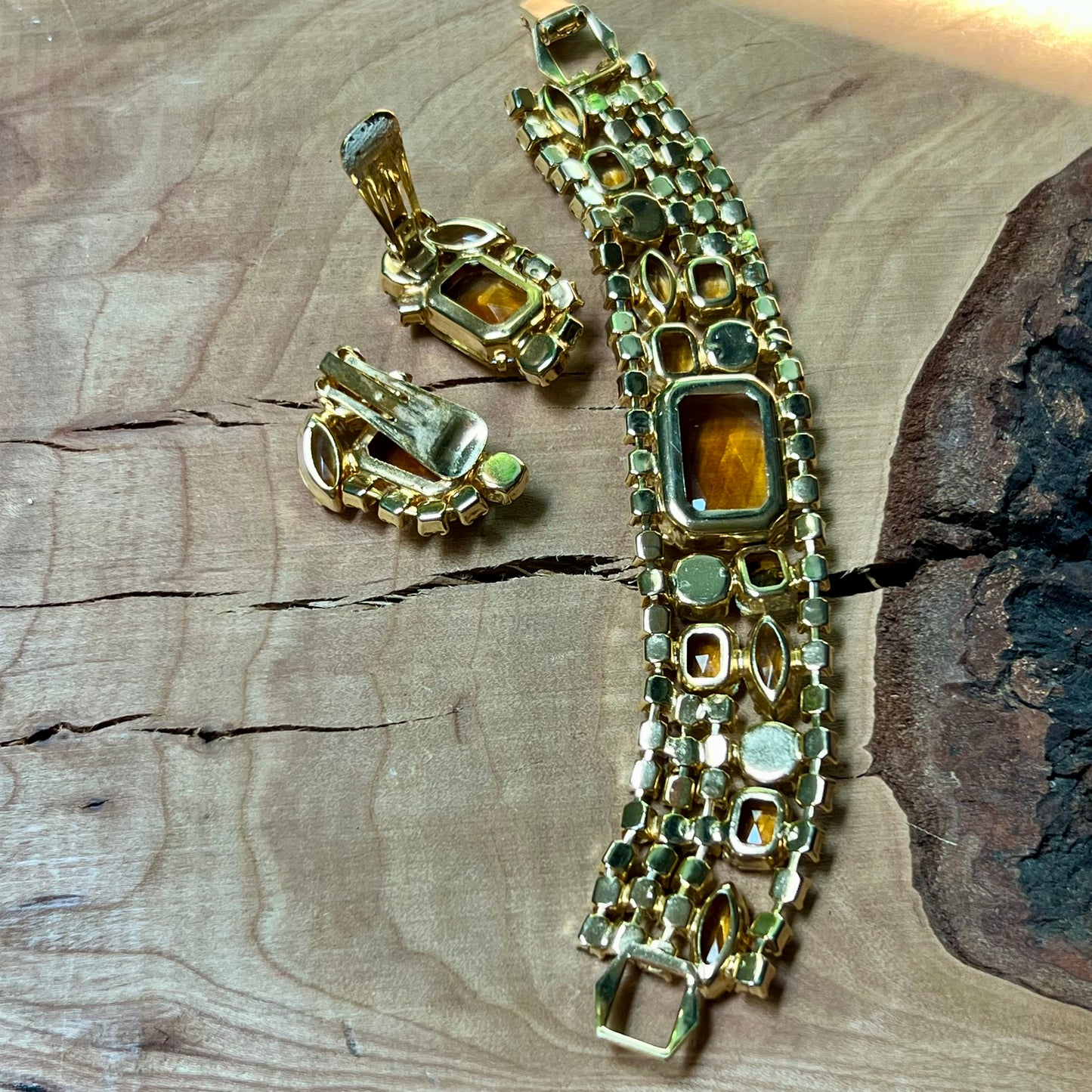 Vintage Soft Yellow Checkerboard Cut Rhinestone Bracelet & Earring Set