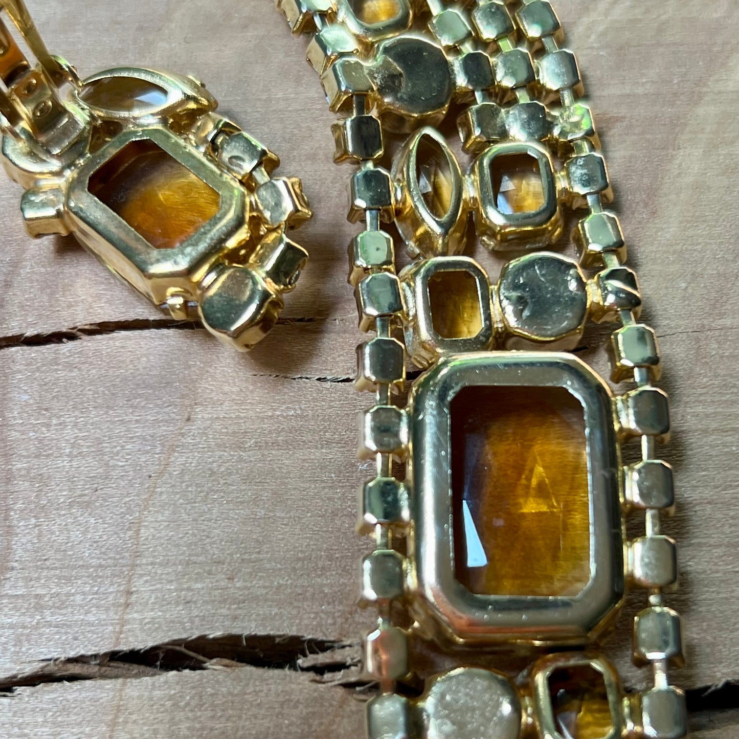 Vintage Soft Yellow Checkerboard Cut Rhinestone Bracelet & Earring Set