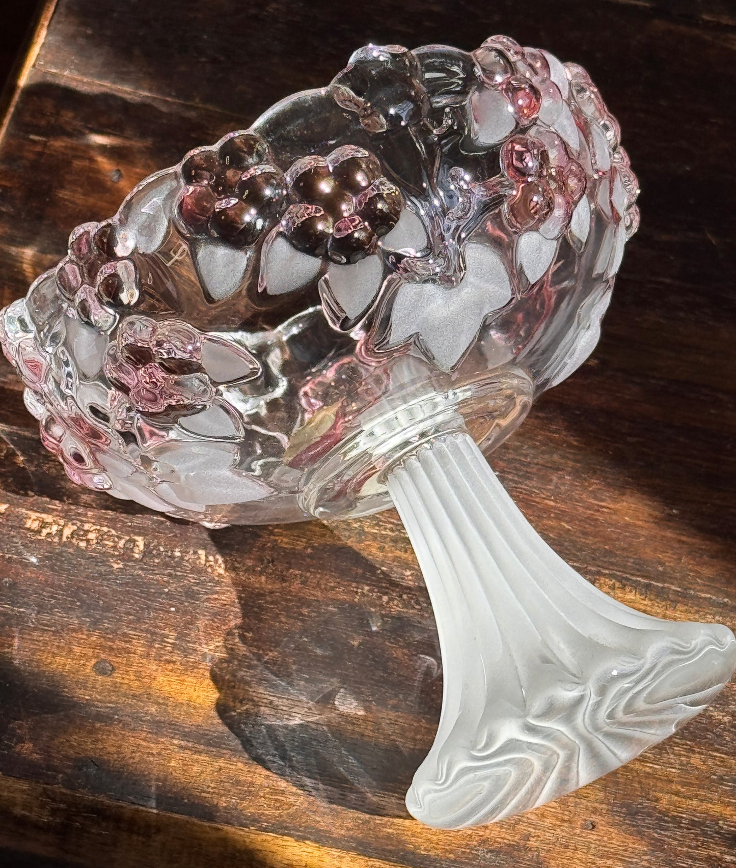 Walther Glass Vintage German Frosted Pink Crystal Pedestal Candy Dish — Original Label