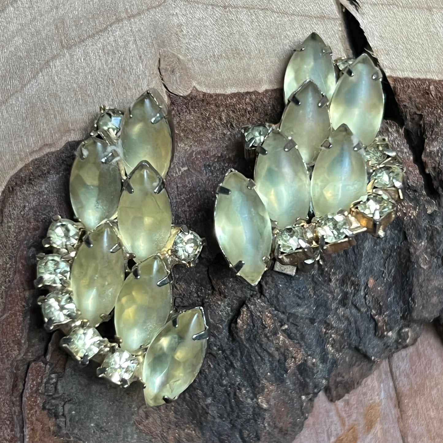 Vintage Soft Yellow Satin Rhinestone Earrings
