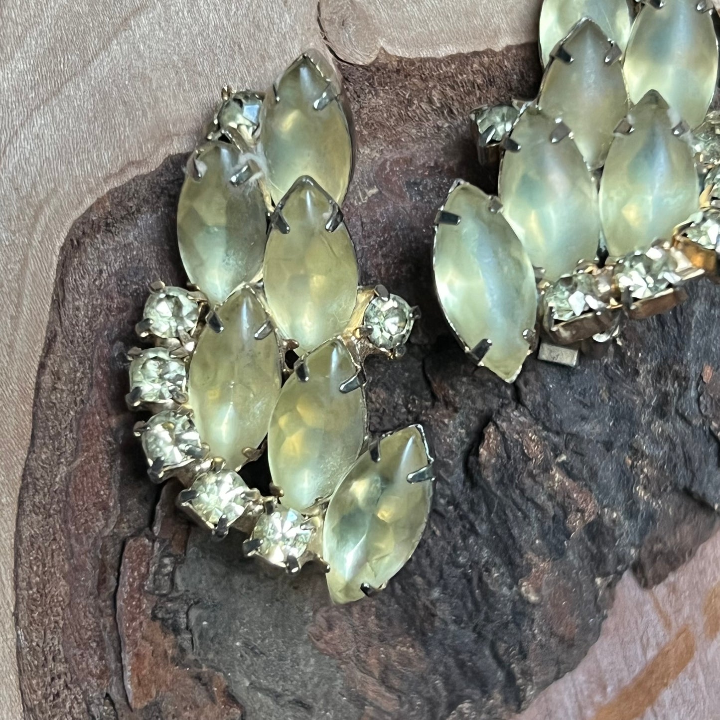 Vintage Soft Yellow Satin Rhinestone Earrings