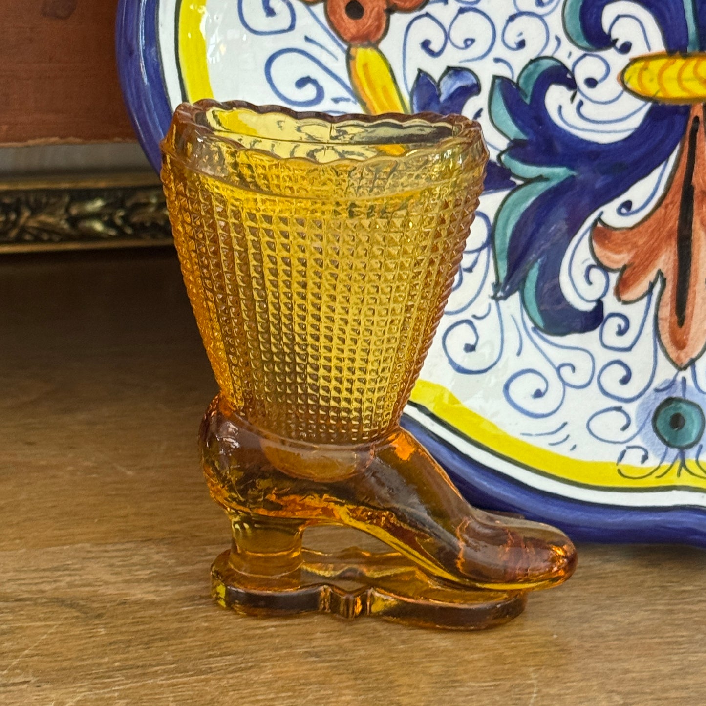 Vintage L. E. Smith Amber Glass Victorian Heeled Shoe Boot
