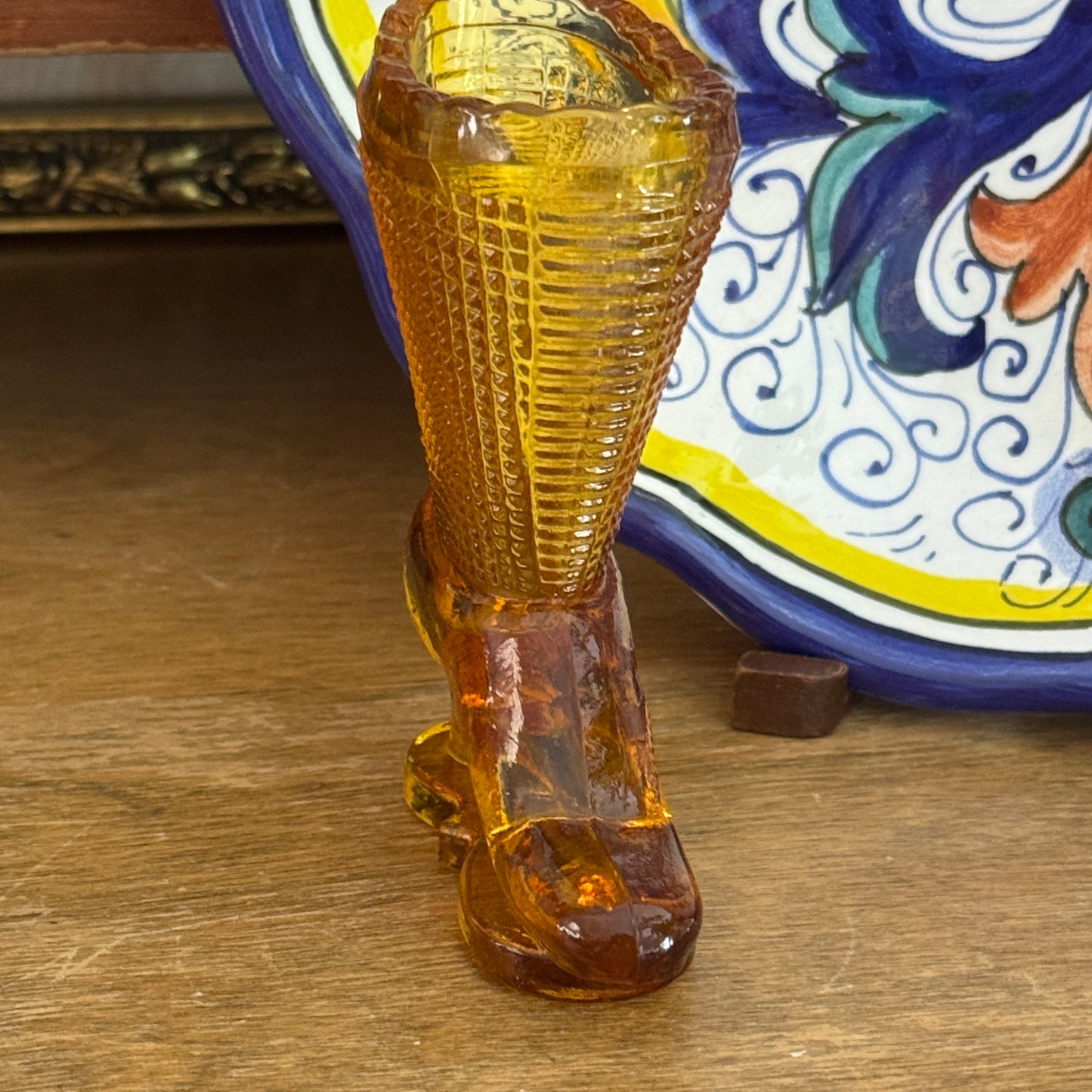 Vintage L. E. Smith Amber Glass Victorian Heeled Shoe Boot