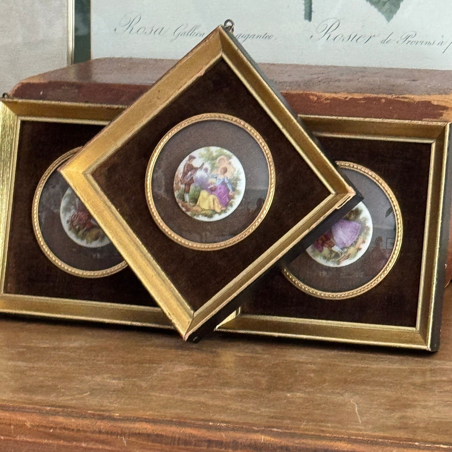 Three French Limoges Fragonard Romantic Couples Cameo Gilt Framed