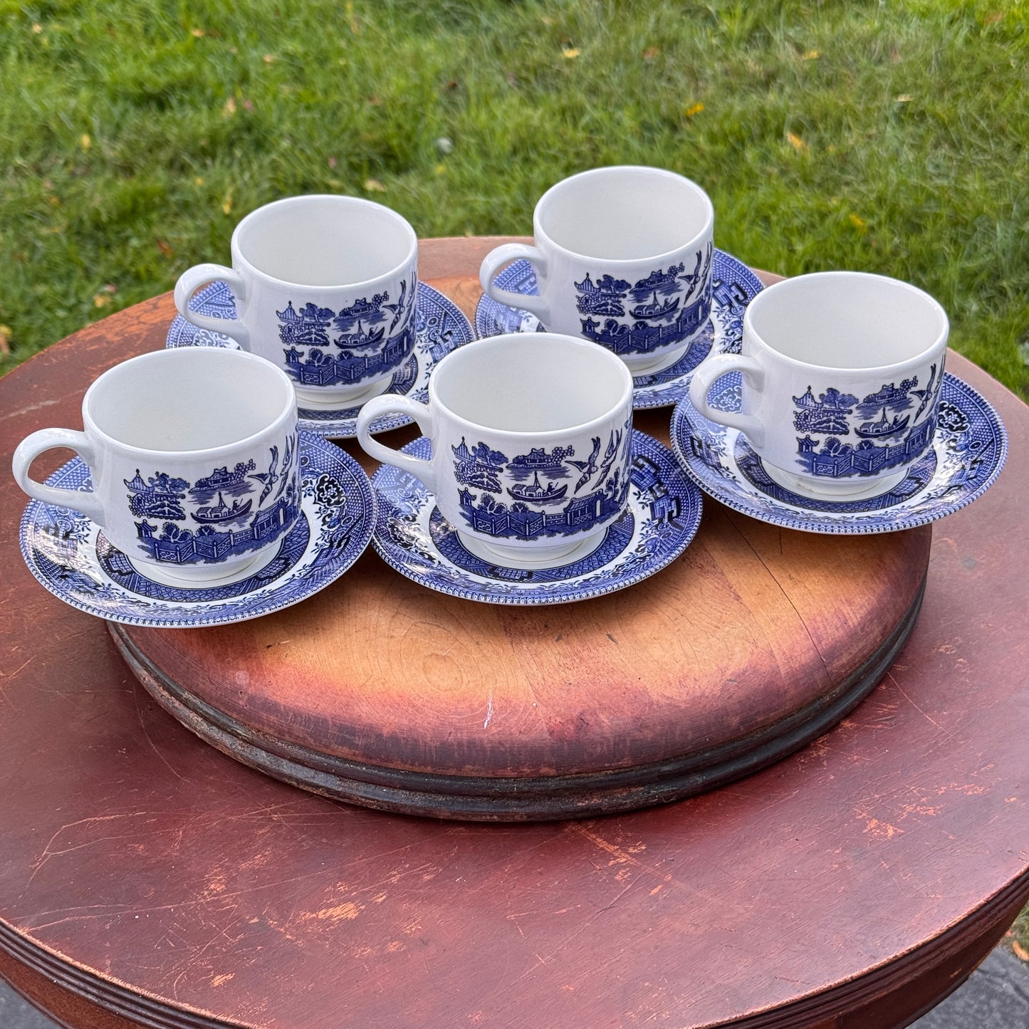 Five Churchill Blue Willow Tea Cups and Saucers