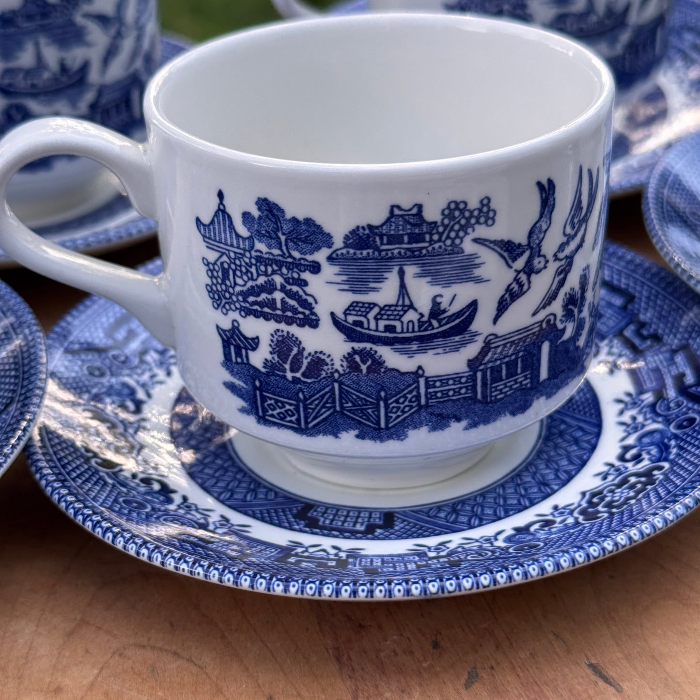 Five Churchill Blue Willow Tea Cups and Saucers