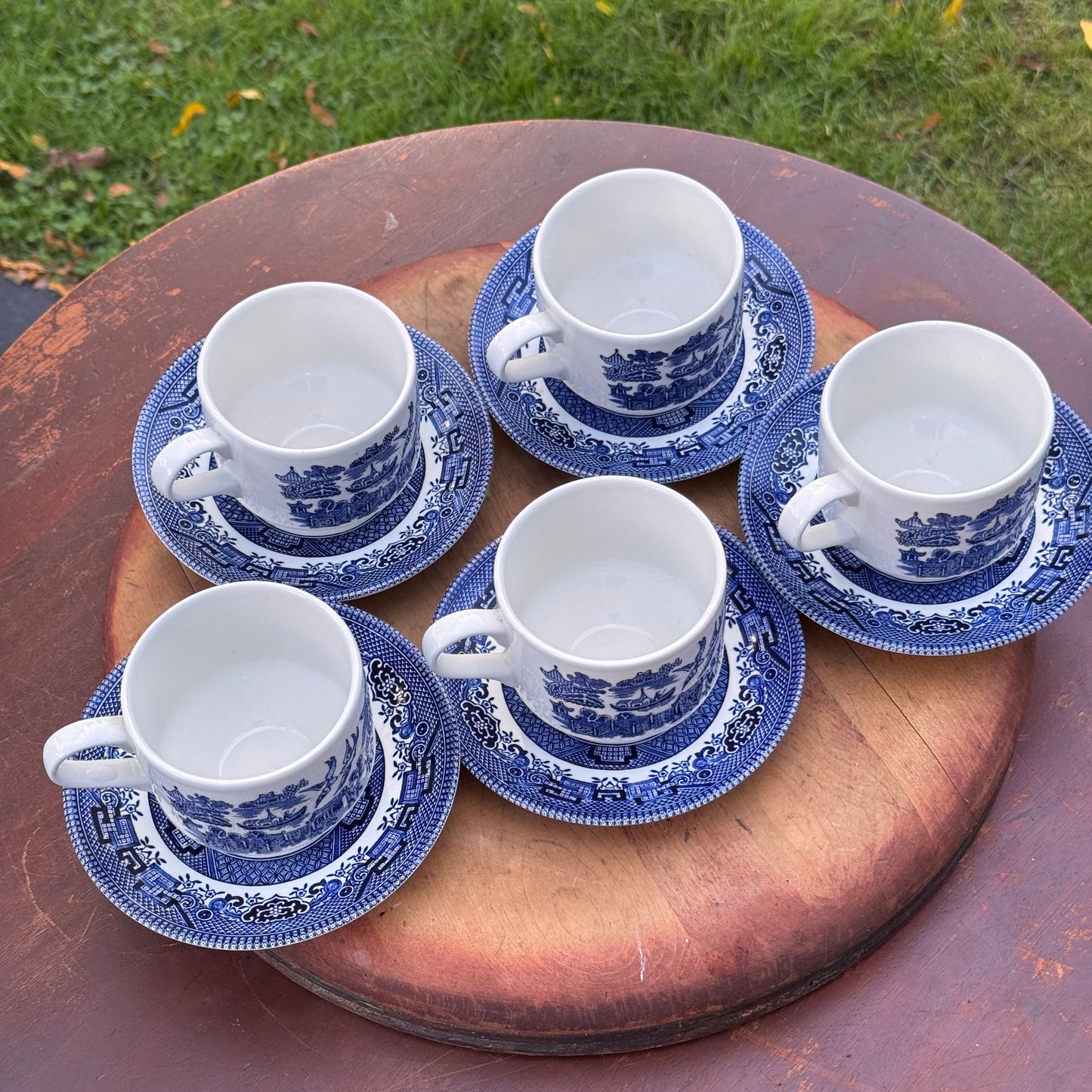 Five Churchill Blue Willow Tea Cups and Saucers