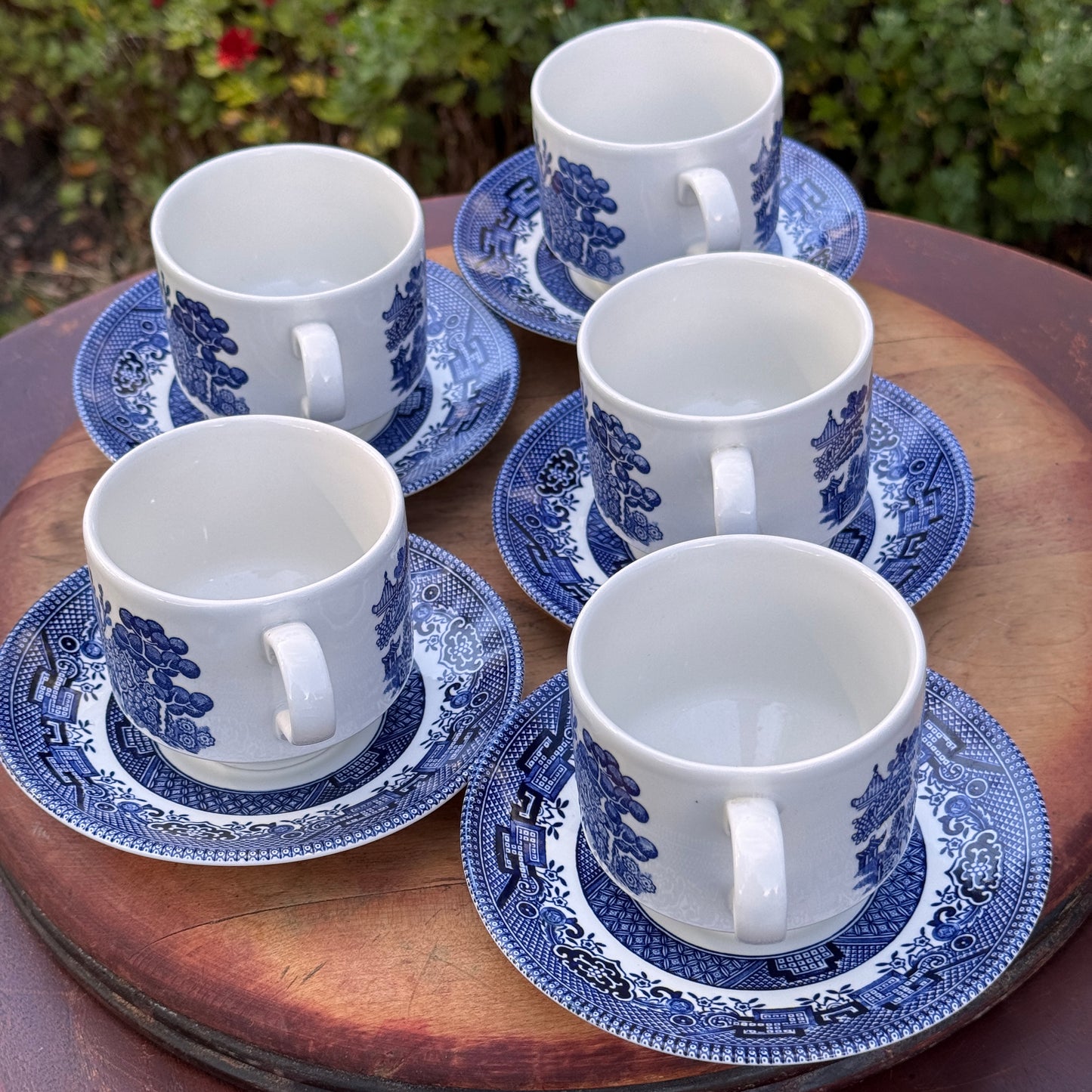 Five Churchill Blue Willow Tea Cups and Saucers