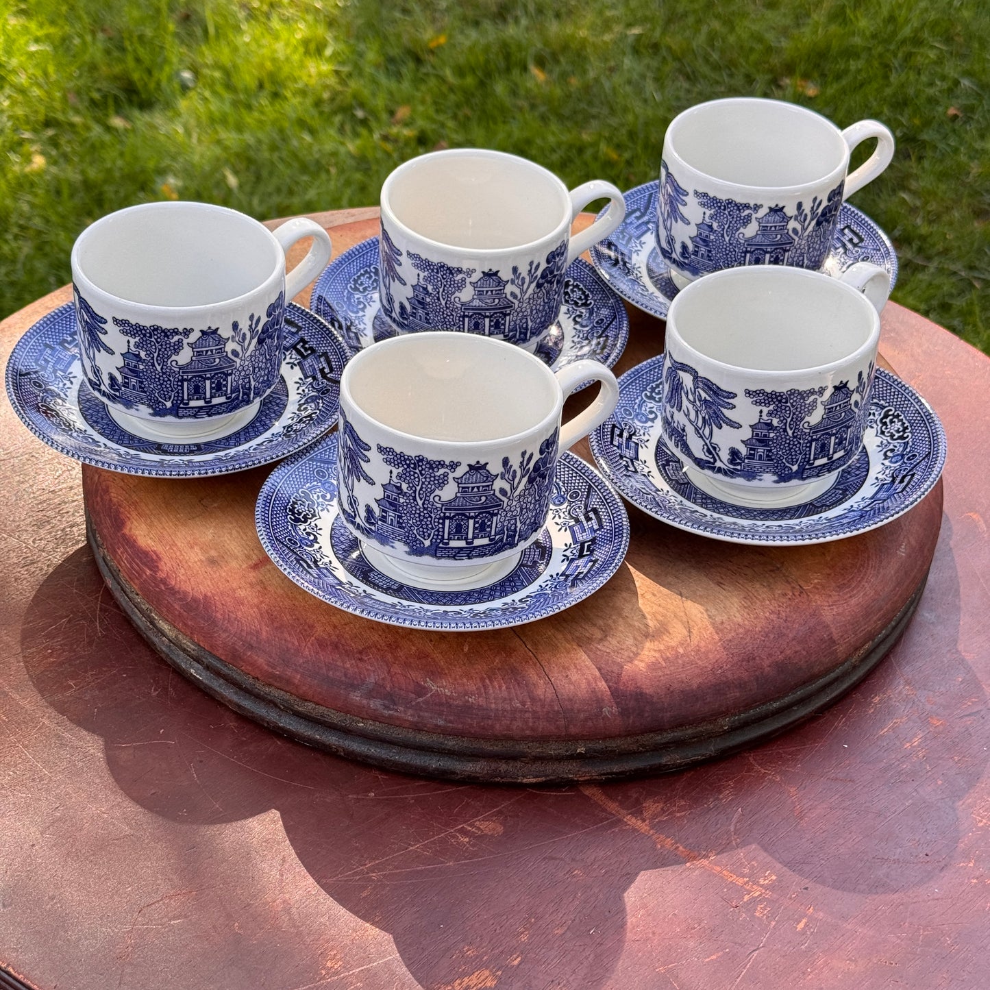 Five Churchill Blue Willow Tea Cups and Saucers