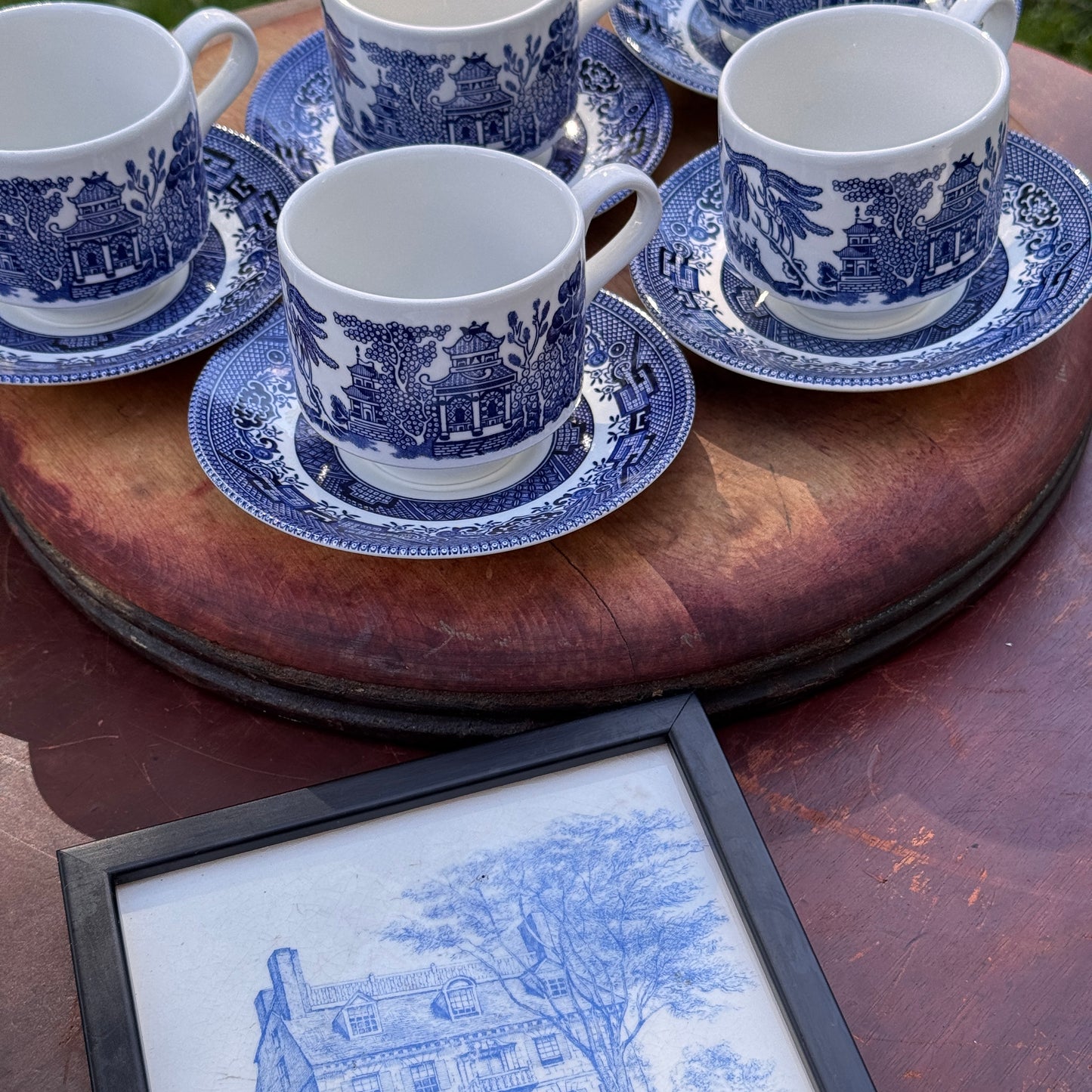 Five Churchill Blue Willow Tea Cups and Saucers