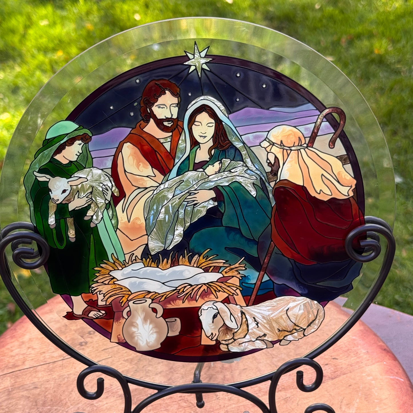 Vintage Joan Baker Designs Holy Family Creche Handpainted Stained Glass and Custom Metal Holder