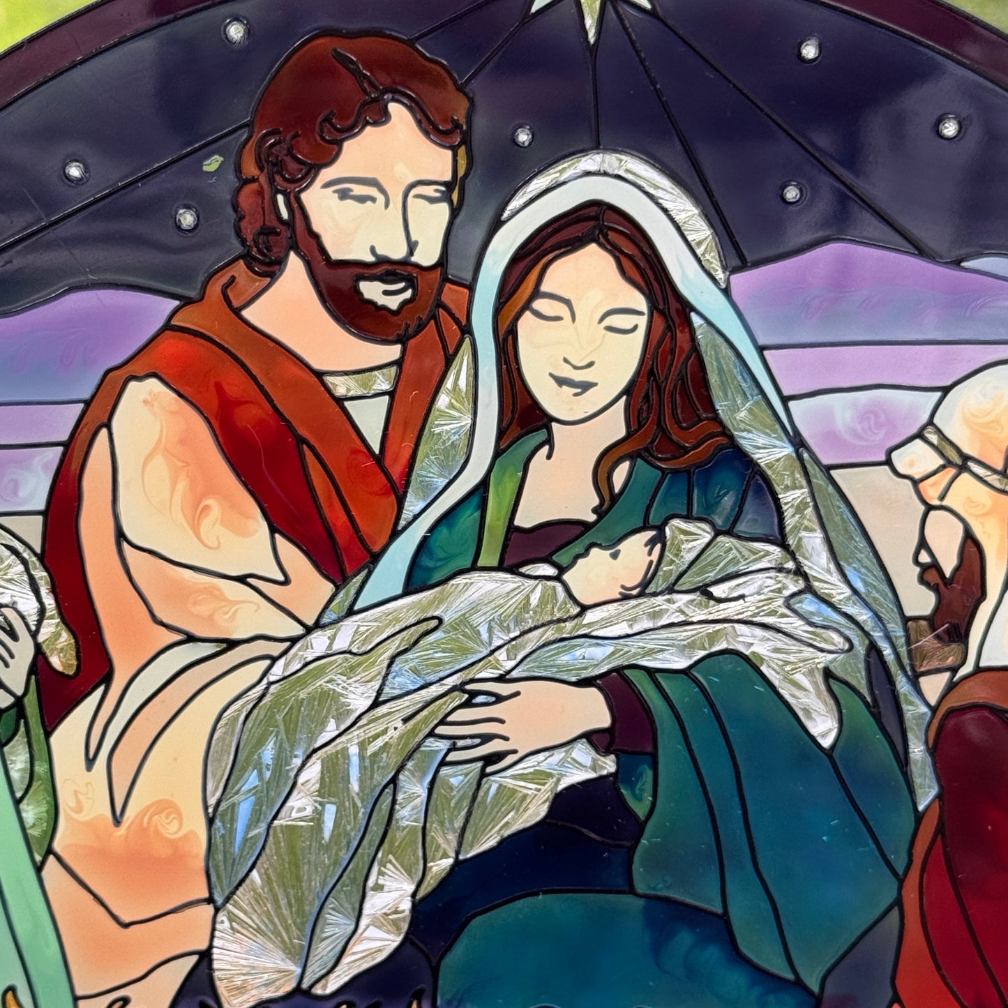 Vintage Joan Baker Designs Holy Family Creche Handpainted Stained Glass and Custom Metal Holder