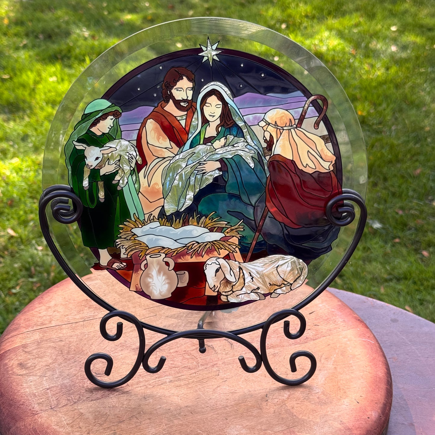 Vintage Joan Baker Designs Holy Family Creche Handpainted Stained Glass and Custom Metal Holder