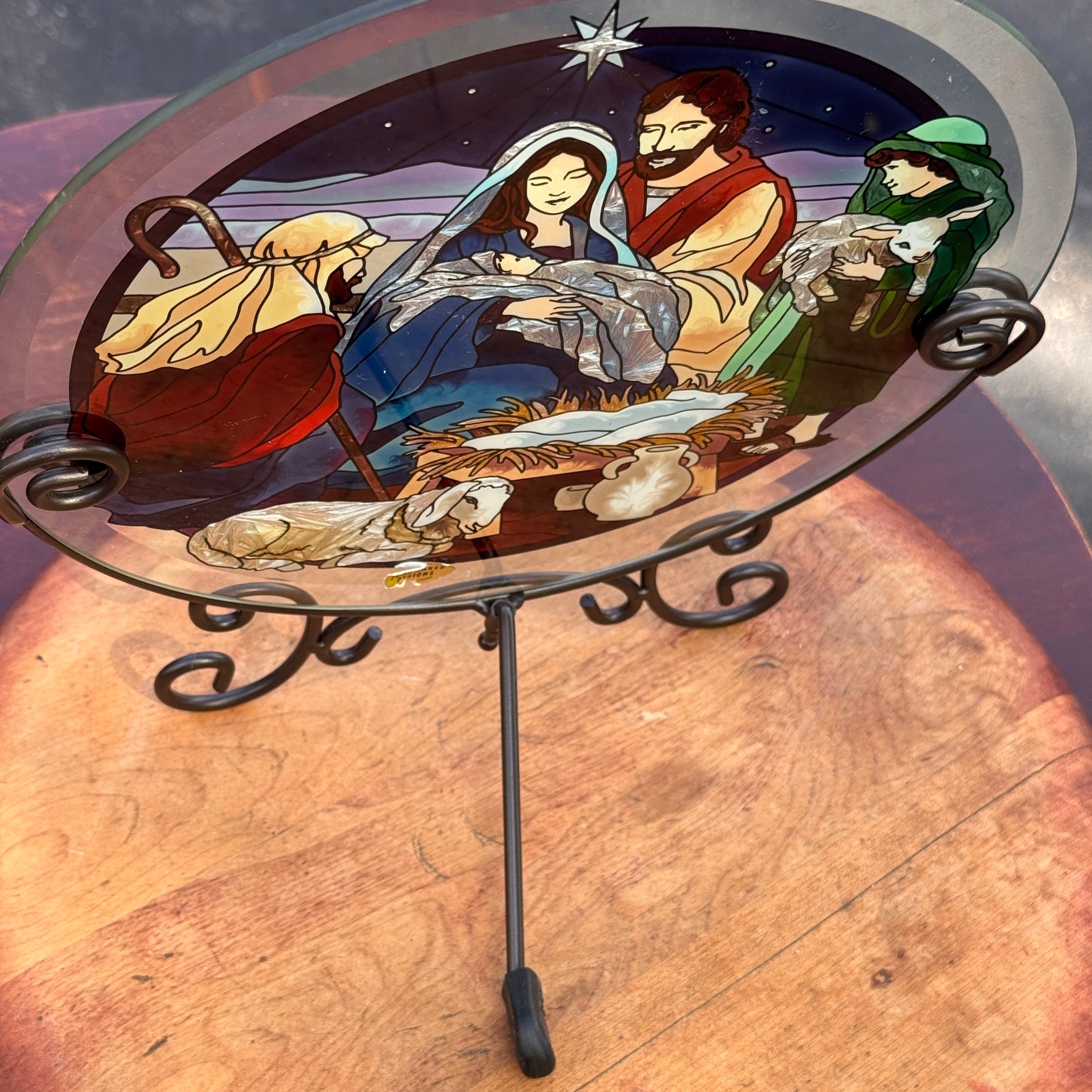 Vintage Joan Baker Designs Holy Family Creche Handpainted Stained Glass and Custom Metal Holder