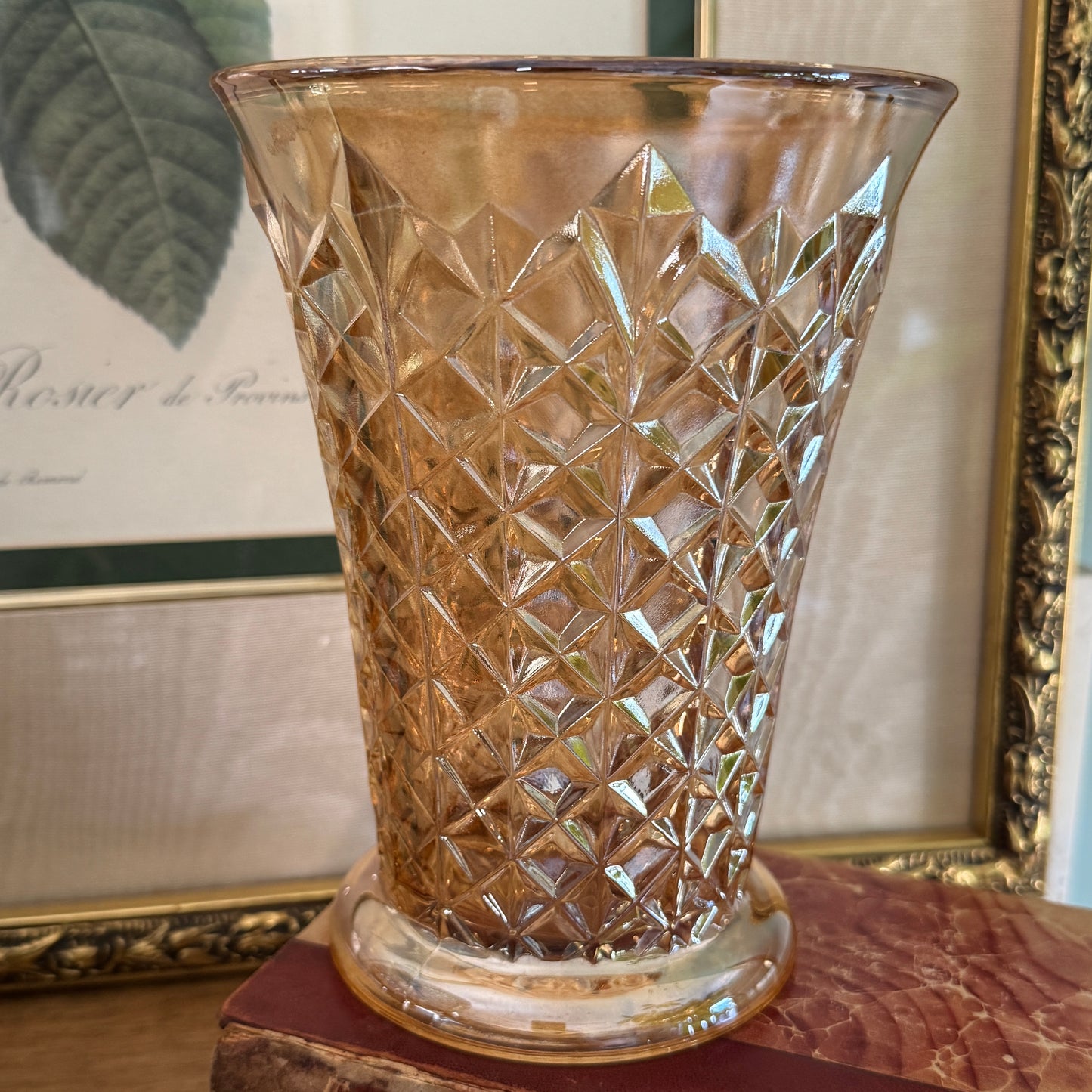 Vintage Sowerby Diamond Pinwheel Peach Carnival Glass Vase