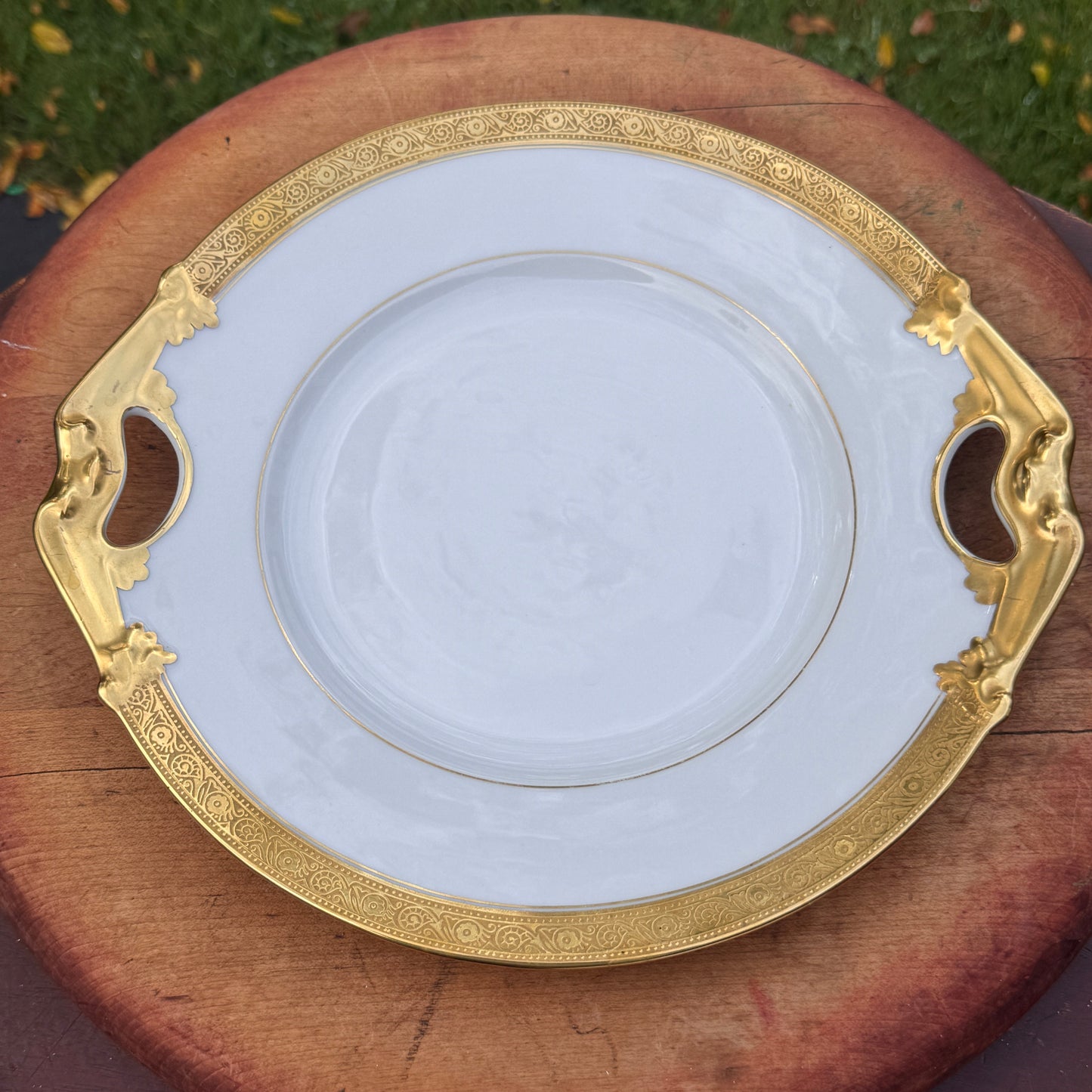 B & Co Gilt Handled Serving Dish and Two Elite French Limoges Dessert Plates