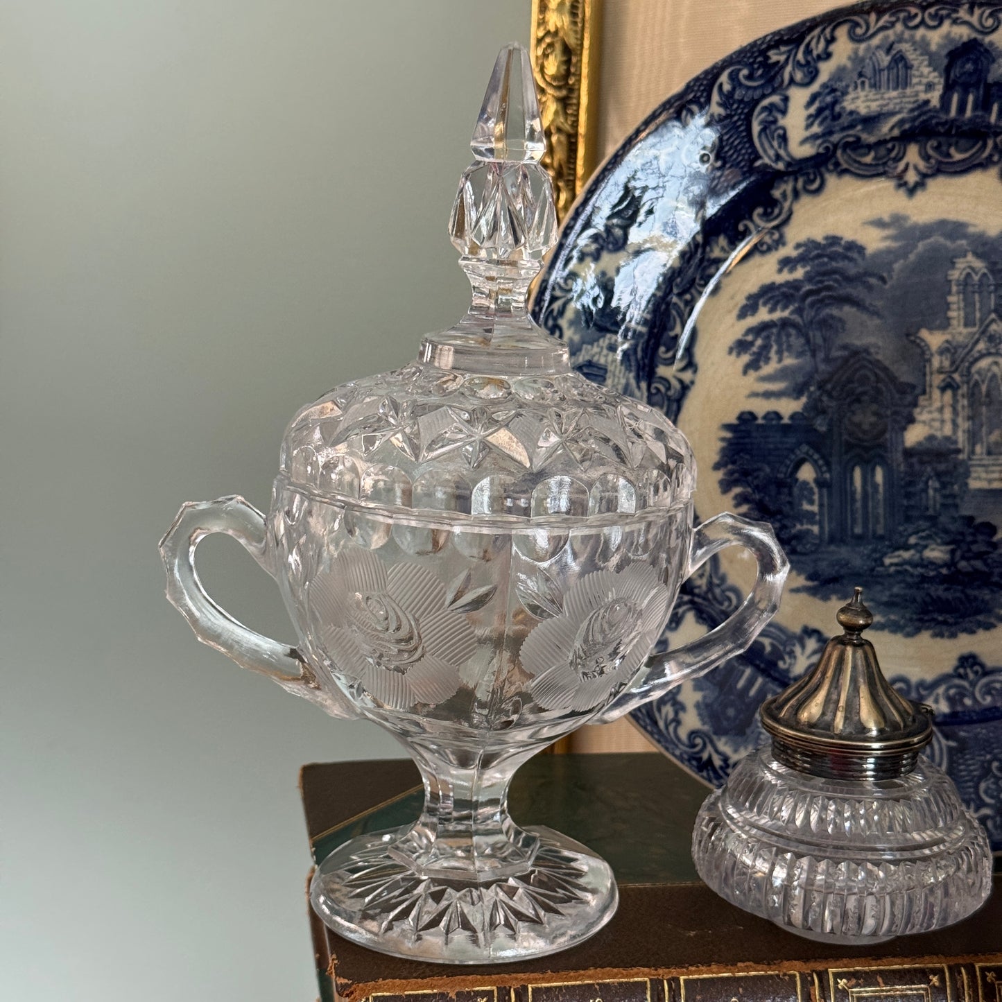 American Brilliant Cut Glass Double Handled Floral Covered Sugar Bowl