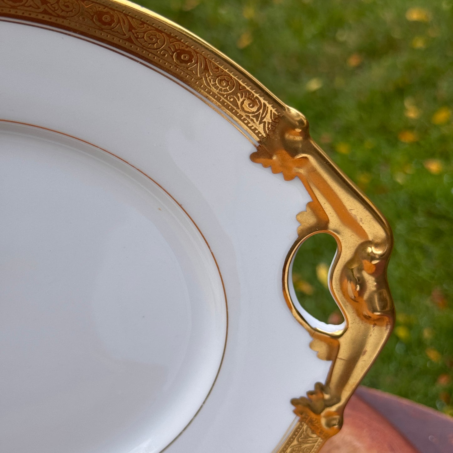 B & Co Gilt Handled Serving Dish and Two Elite French Limoges Dessert Plates