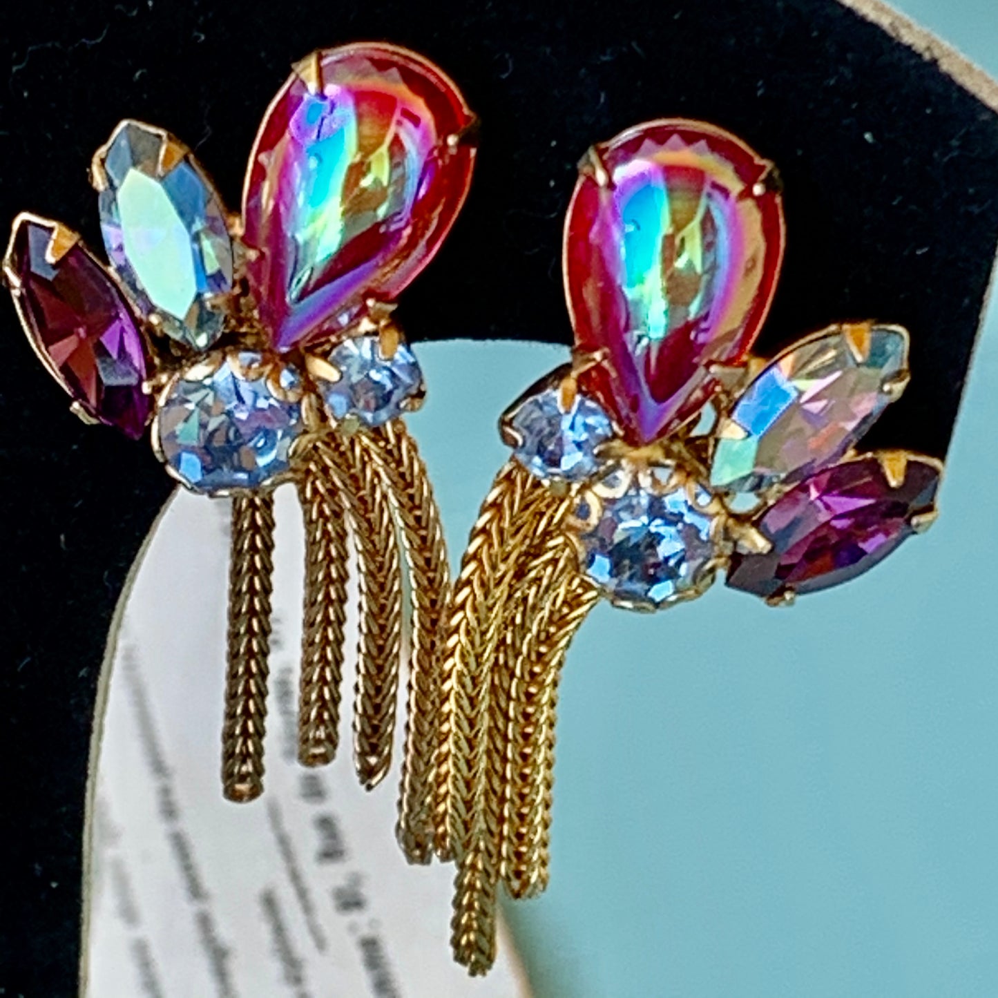 Vintage Dangling Red, Purple and Blue Rhinestone Earrings