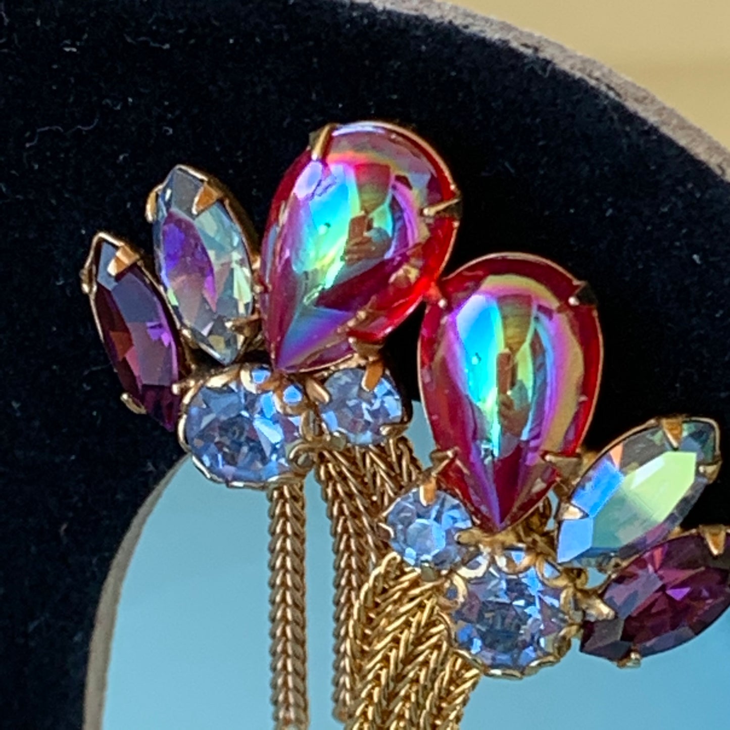 Vintage Dangling Red, Purple and Blue Rhinestone Earrings